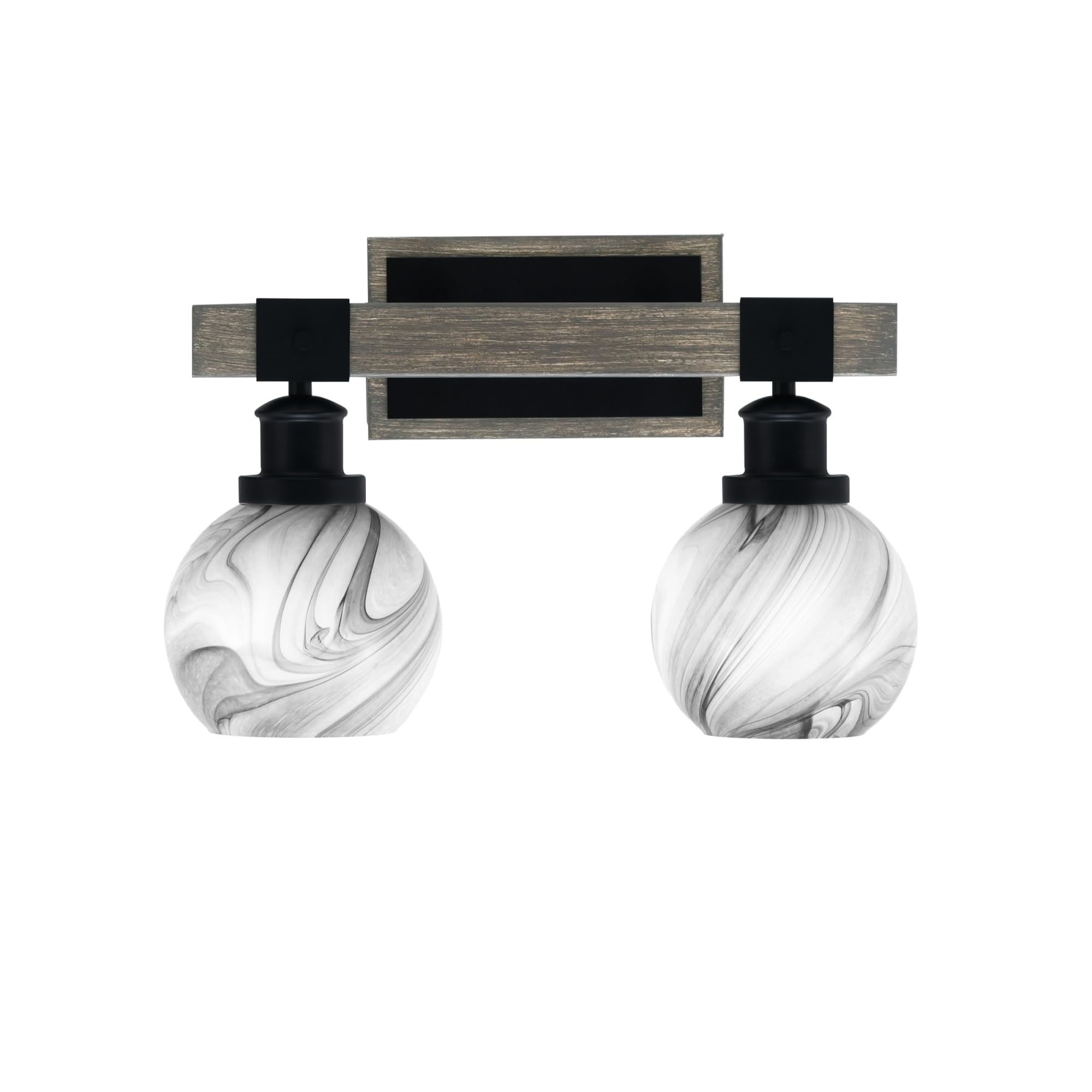 Toltec Lighting Tacoma 2 Light Bath Bar - Matte Black & Distressed Wood Finish, 5.75in Onyx Swirl Glass