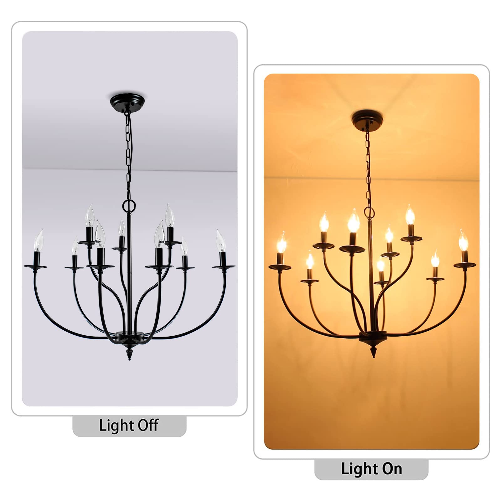 Rviezza 9-Light Black Industrial Iron Chandelier, 2-Tier Candle Design for Living Room, Dining Room, Bedroom, Foyer