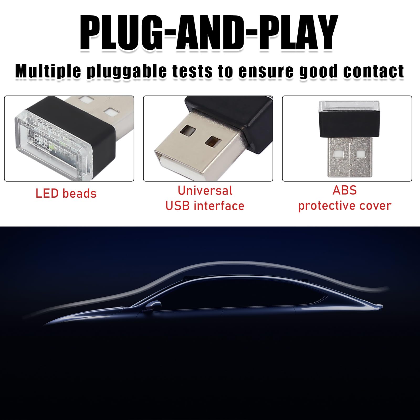 Sylvil 5 Pcs Usb Led Car Interior Atmosphere Lamp  Portable Mini Led Night Light  Plug-In Usb Interface Trunk Ambient Lighting Kit  Universal Interior Car Accessories (Blue+Red+Ice Blue+Green+Purple)