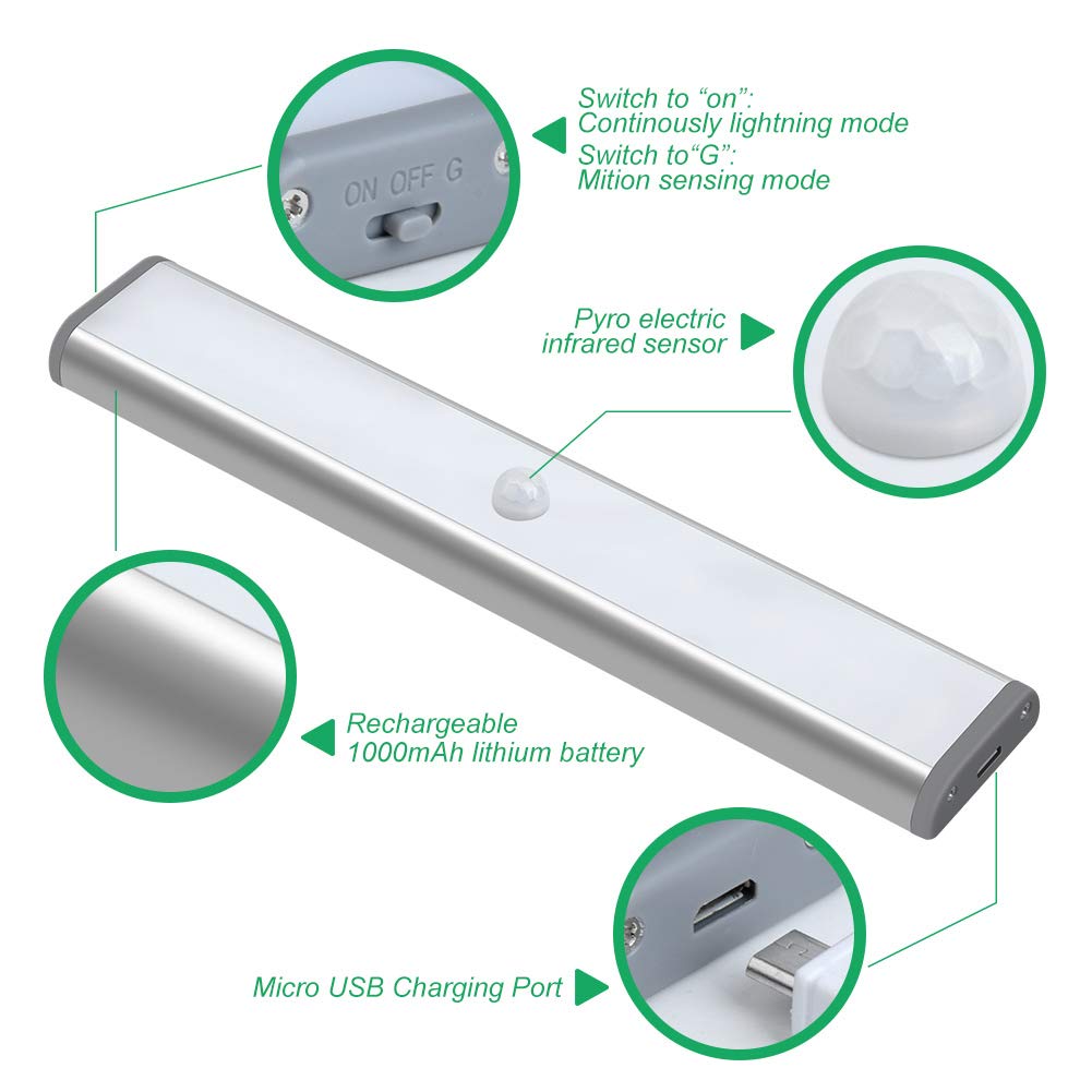 LEPOTEC LED Kitchen Lights, Wireless Motion Sensor, Rechargeable, 10LED, Silver-White Light, Model W10-3, 3-Pack