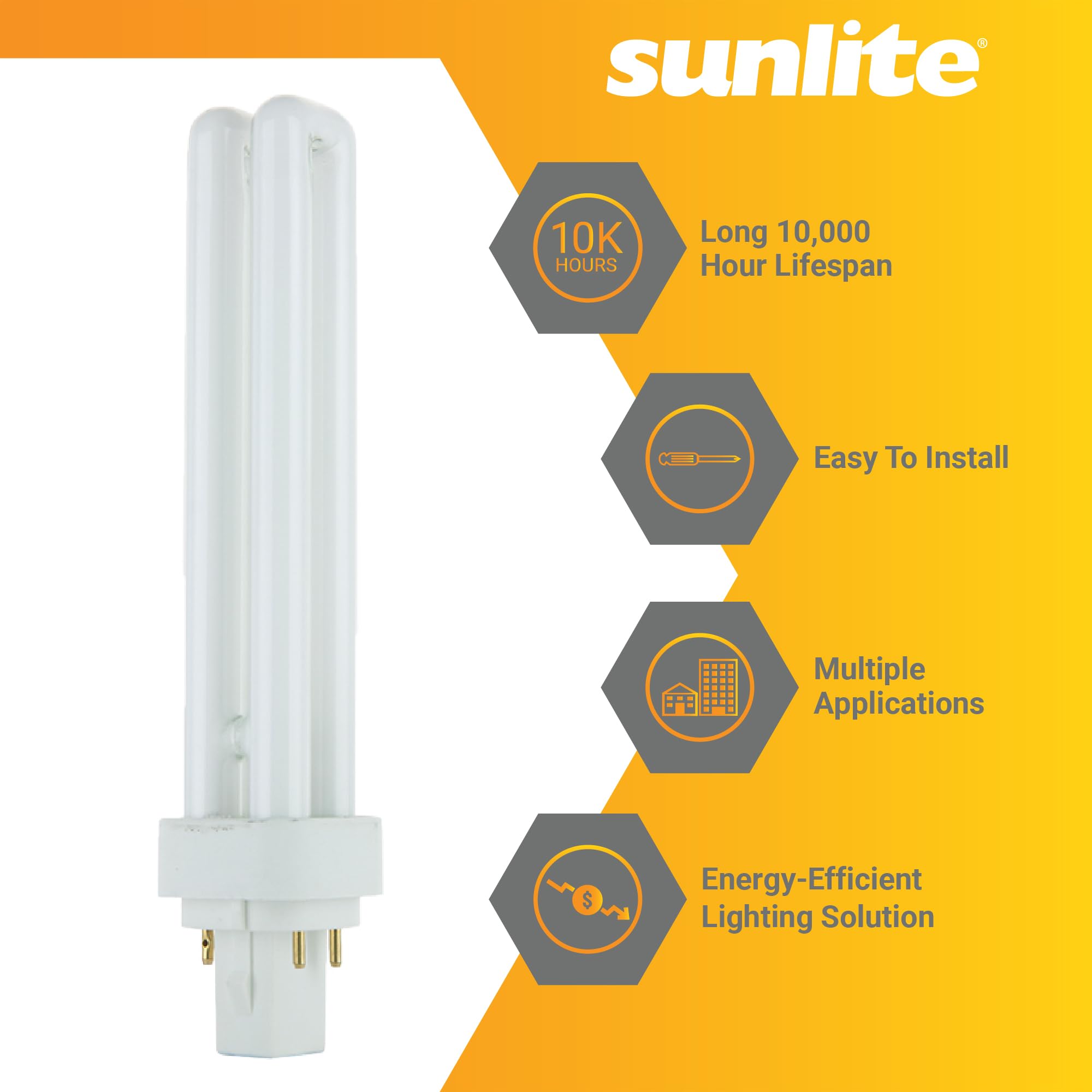 Sunlite Compact Fluorescent PLD 4 Pin Double U-Shaped Twin Tube Light Bulb, 26 Watts, 120 Volts, 4 PinG24q3 Base, 1560 Lumens, 6