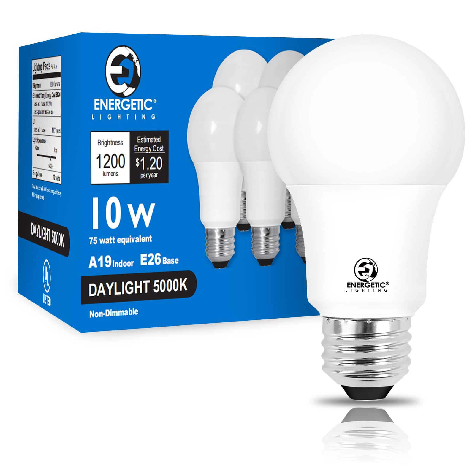 E Energetic Lighting Light Bulbs 75 Watt, Daylight 5000K, 1200Lm Super Bright, Non-Dimmable A19 Led Light Bulbs, E26 Standard Ba