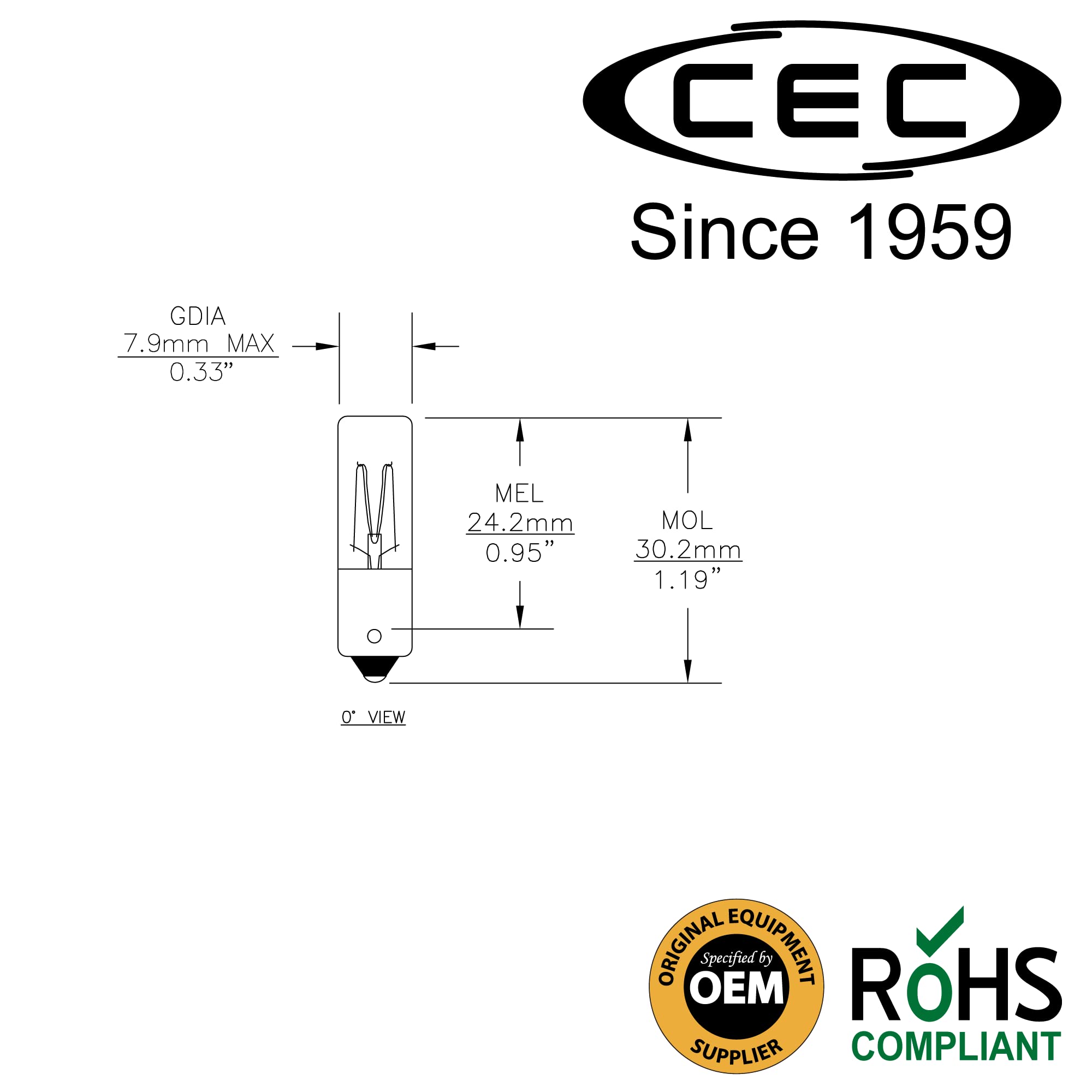 CEC 120MB Light Bulbs, 120V, 3W, T2.5 Shape, Warm White, BA9s Base, 10-Pack