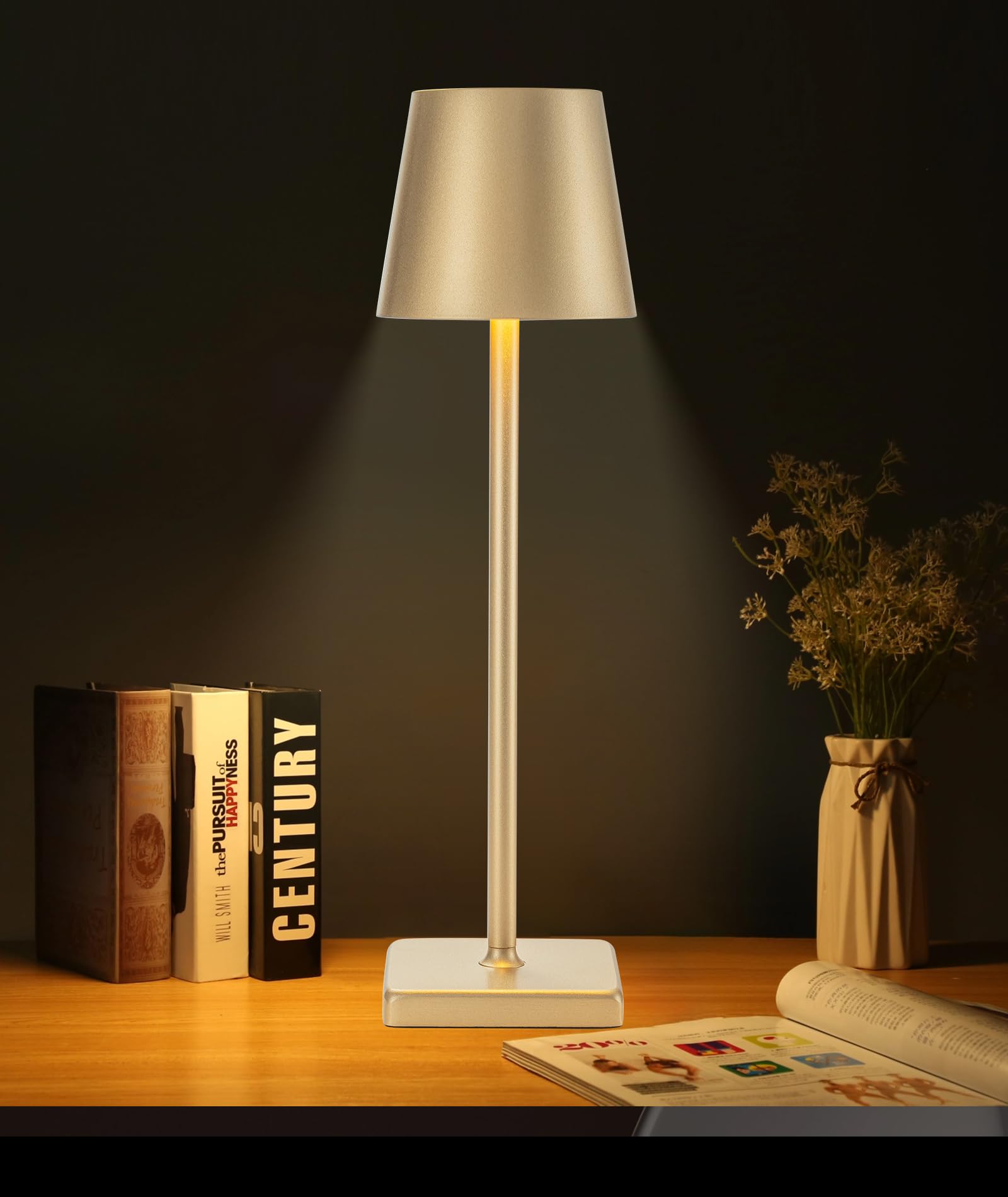 HASUN Gold Cordless Table Lamp, Aluminum Shell LED Rechargeable Desk Lamp, 3W 5200mAh Battery Operated Table Light, 3 Color Step