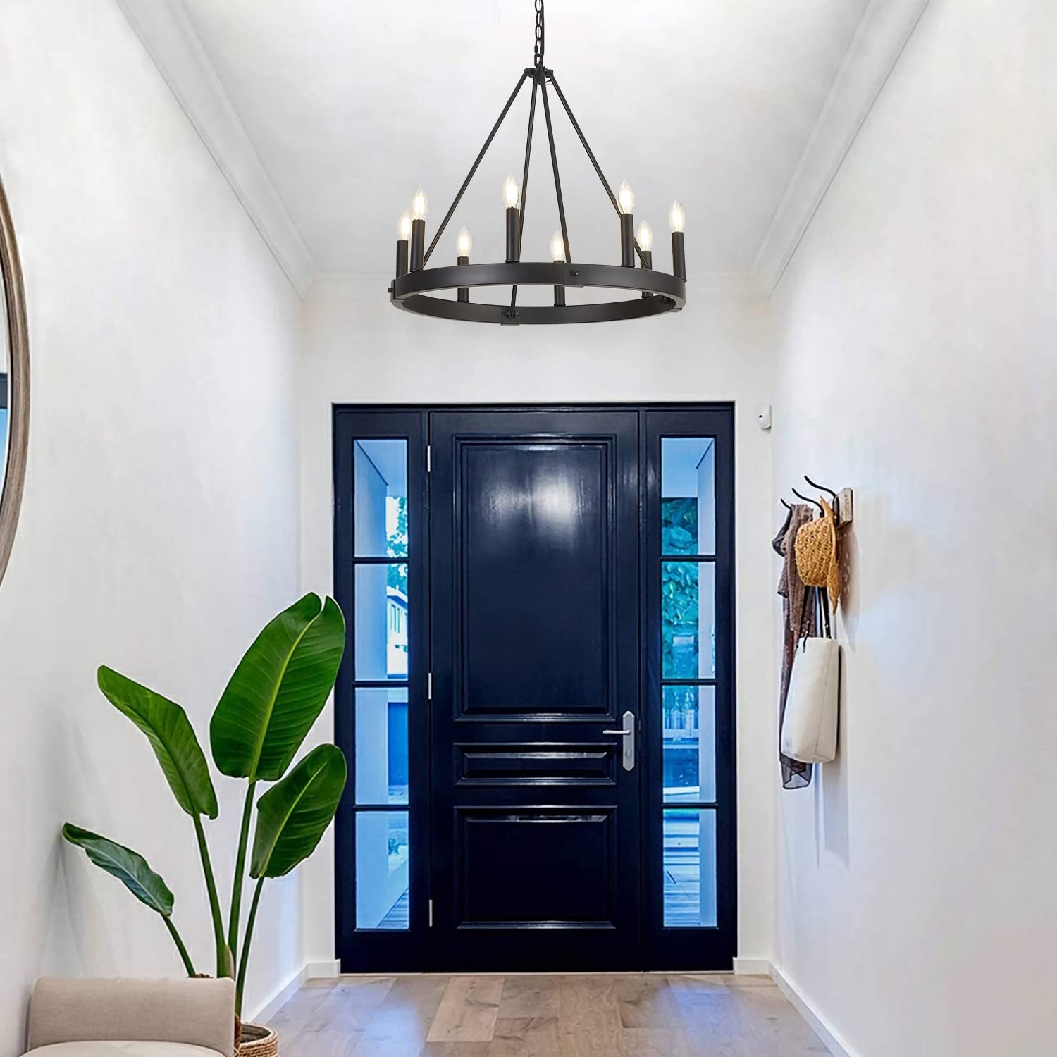 8-Light Farmhouse Wagon Wheel Chandelier, D24'' Black Round Chandeliers For Dining Room, Modern Industrial Kitchen Island Pendan