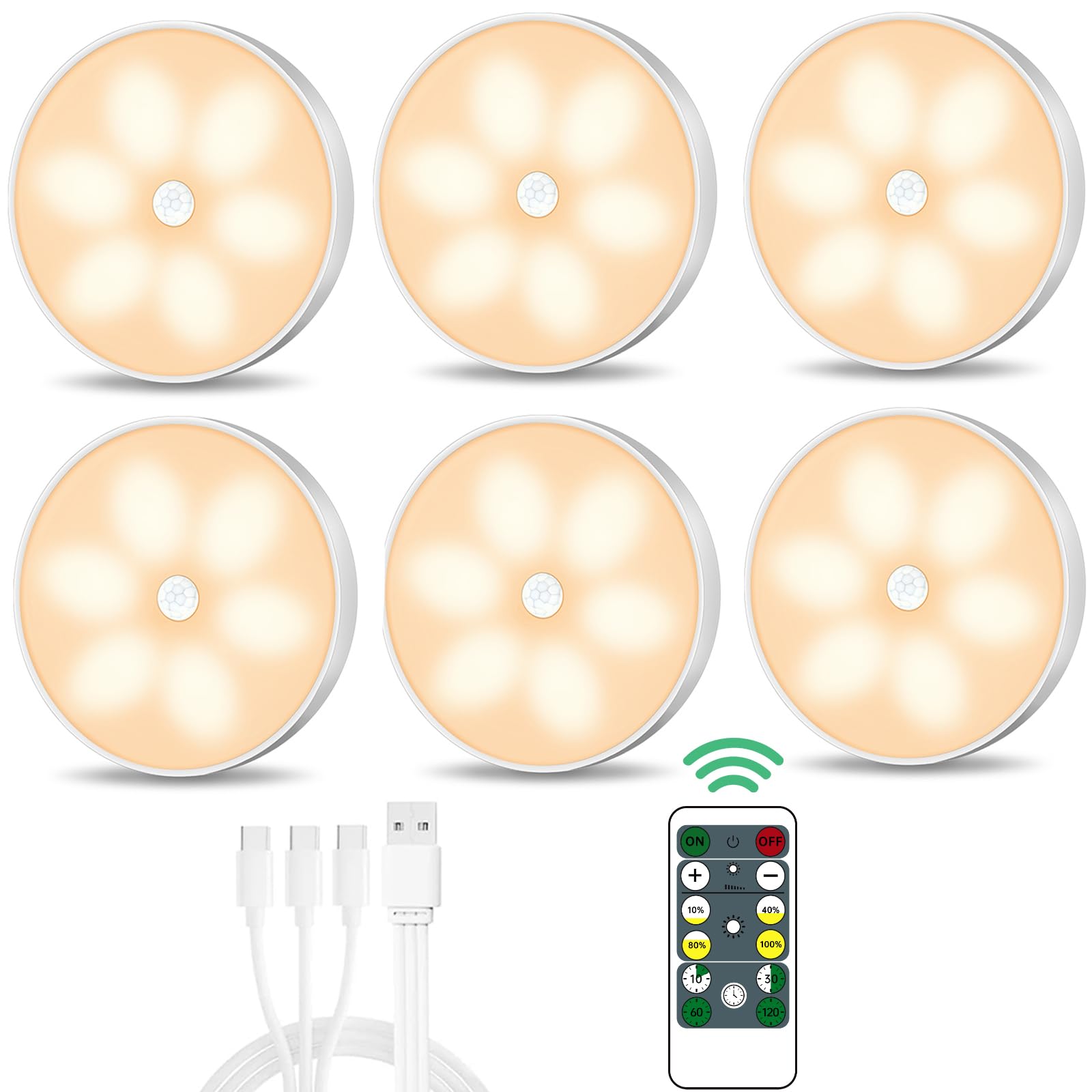 Lightbiz Warm Color LED Closet Lights Wireless Motion Sensor Puck Light, USB Rechargeable Battery Operated Puck Lights with Remote, Dimmer Under Cabinet Counter Lighting for Kitchen, Wardrobe (6 Pack)