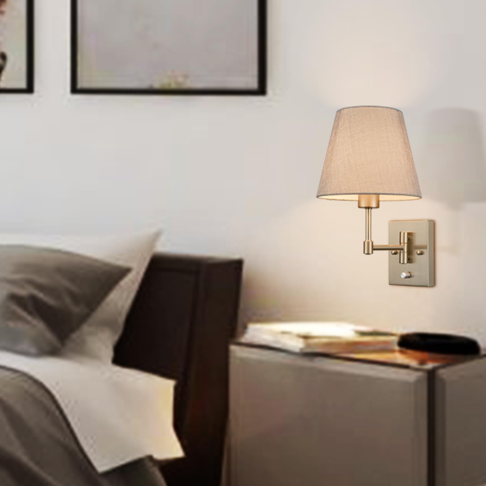 Samteen Swing Arm Wall Sconces Set Of Two Plug In Wall Lamp With Grey Fabric Shade And On Off Switch Wall Light For Bedside Living Room Hallway, Brushed Nickel Finish