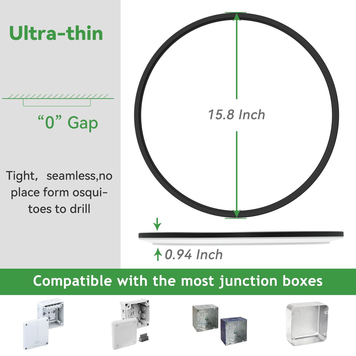 hepside Flush Mount Ceiling Light Fixture, 15.8 Inch, 3CCT 3000/4500/6000K, 36W, Black, Dimmable, Low