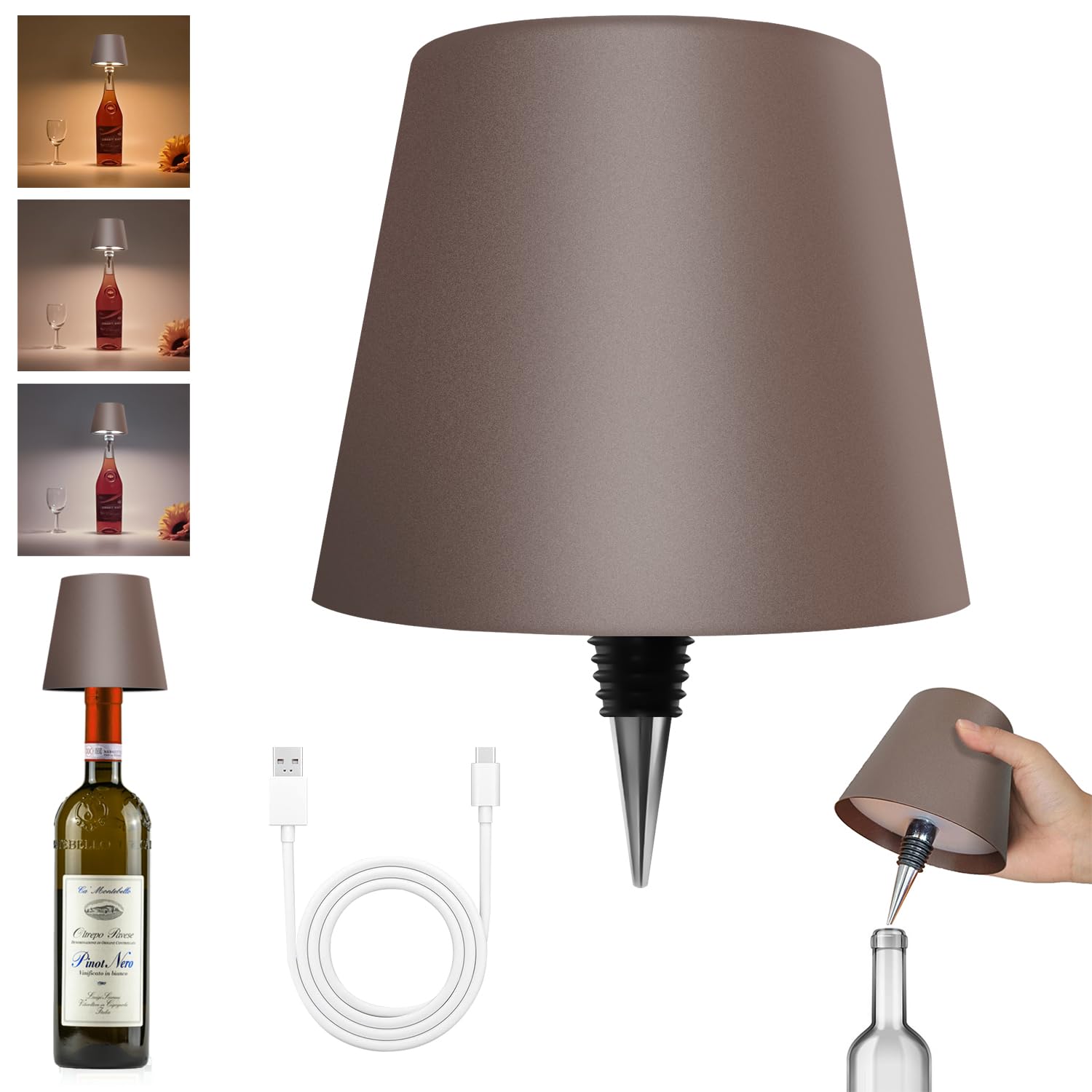 Hoide Wireless Bottle Lamp - LED Touch-Dimmable Night Light Kit, Rechargeable, 5.7in, Brown, Plastic
