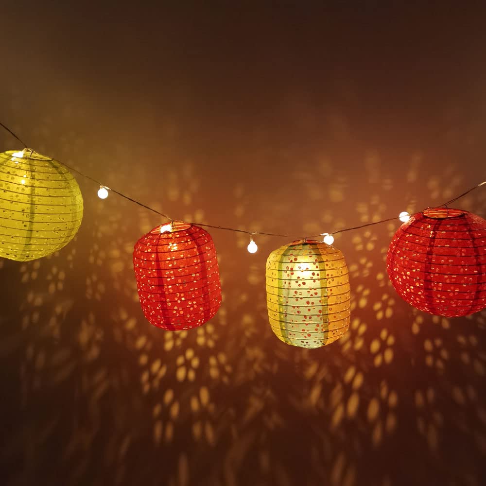 12 Pack Chinese Paper Lanterns Multicolor Hanging Hollow Out Lanterns 6 X 8 Inch Asia Japanese Lantern Lamps With Led Lights Sticks Tassels For Home Outdoor Decorations (Oval Shaped With Led-Colorful)