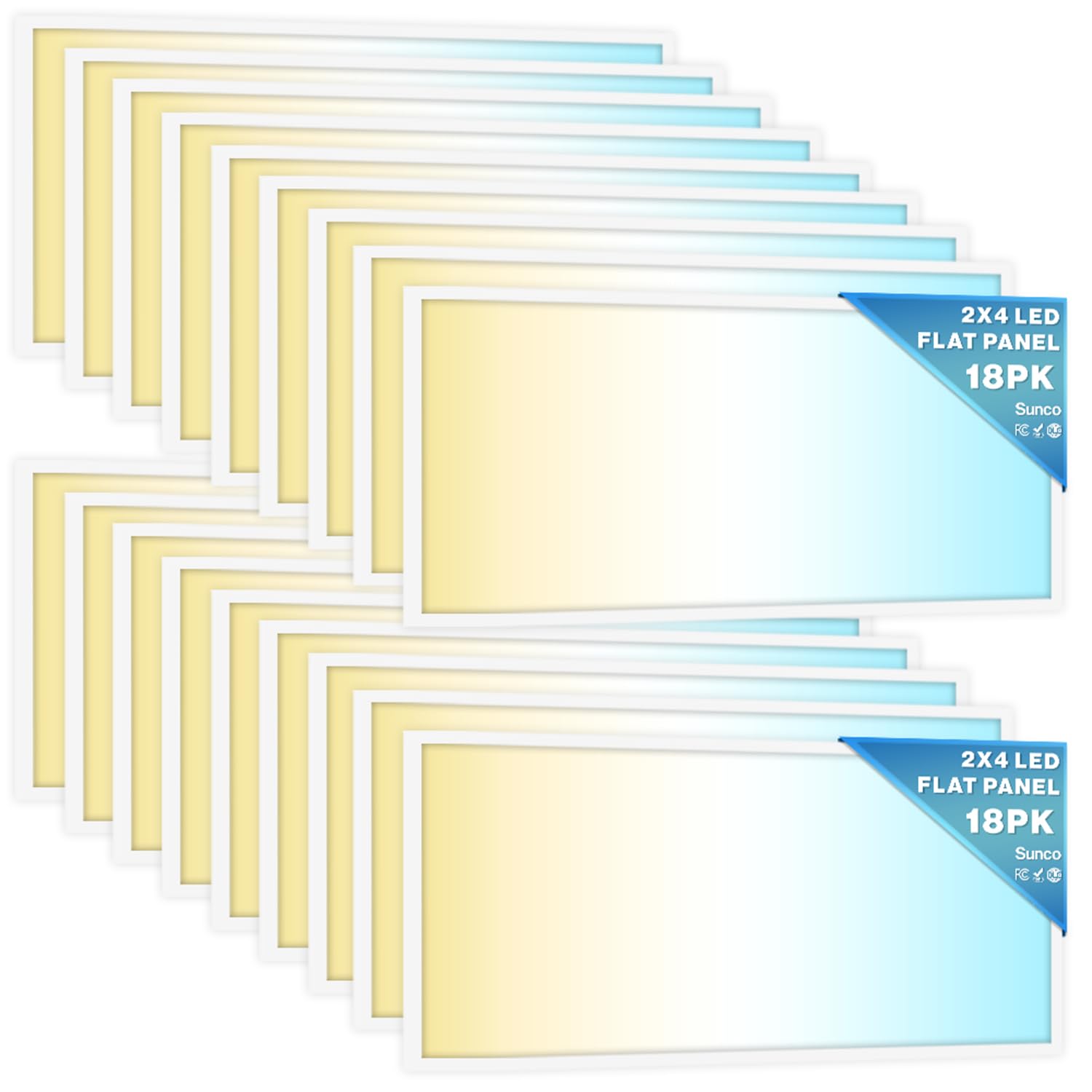 Sunco 18 Pack 2x4 LED Flat Panel Light Drop Ceiling Office Shop Commercial Warehouse Fixture, 6500 Lumens, Selectable Features, 