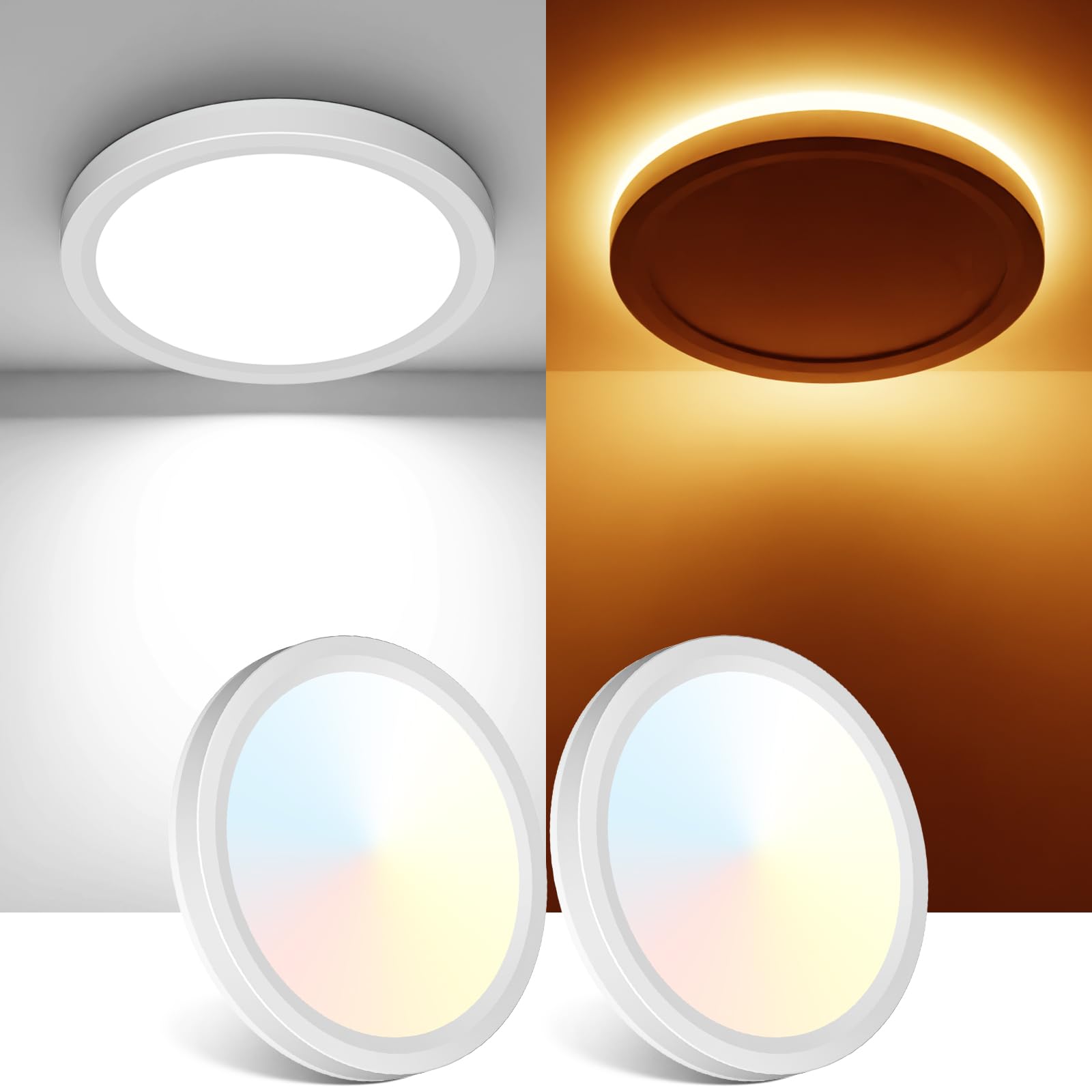 Fairdeer 2Pack 7 Inch Led Ceiling Light With Night Light, 15W 1500Lm 3000K Warm To 6500K Cold Selectable, Small Round White Flus