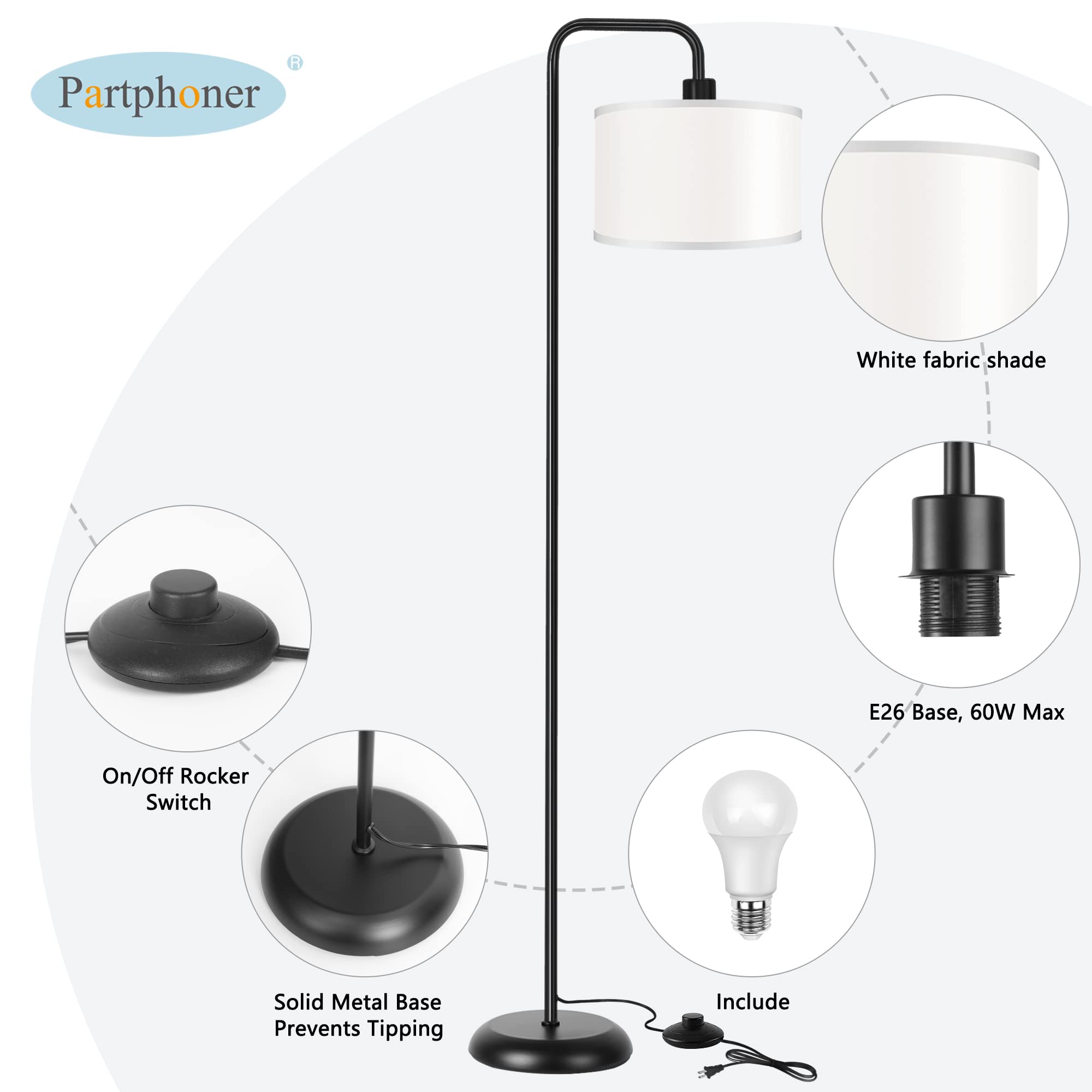 PARTPHONER LED Floor Lamp - 3 Color Temperatures, Foot Switch, Black, 9W Bulb Included, Modern Design for Living Room, Bedroom, Office