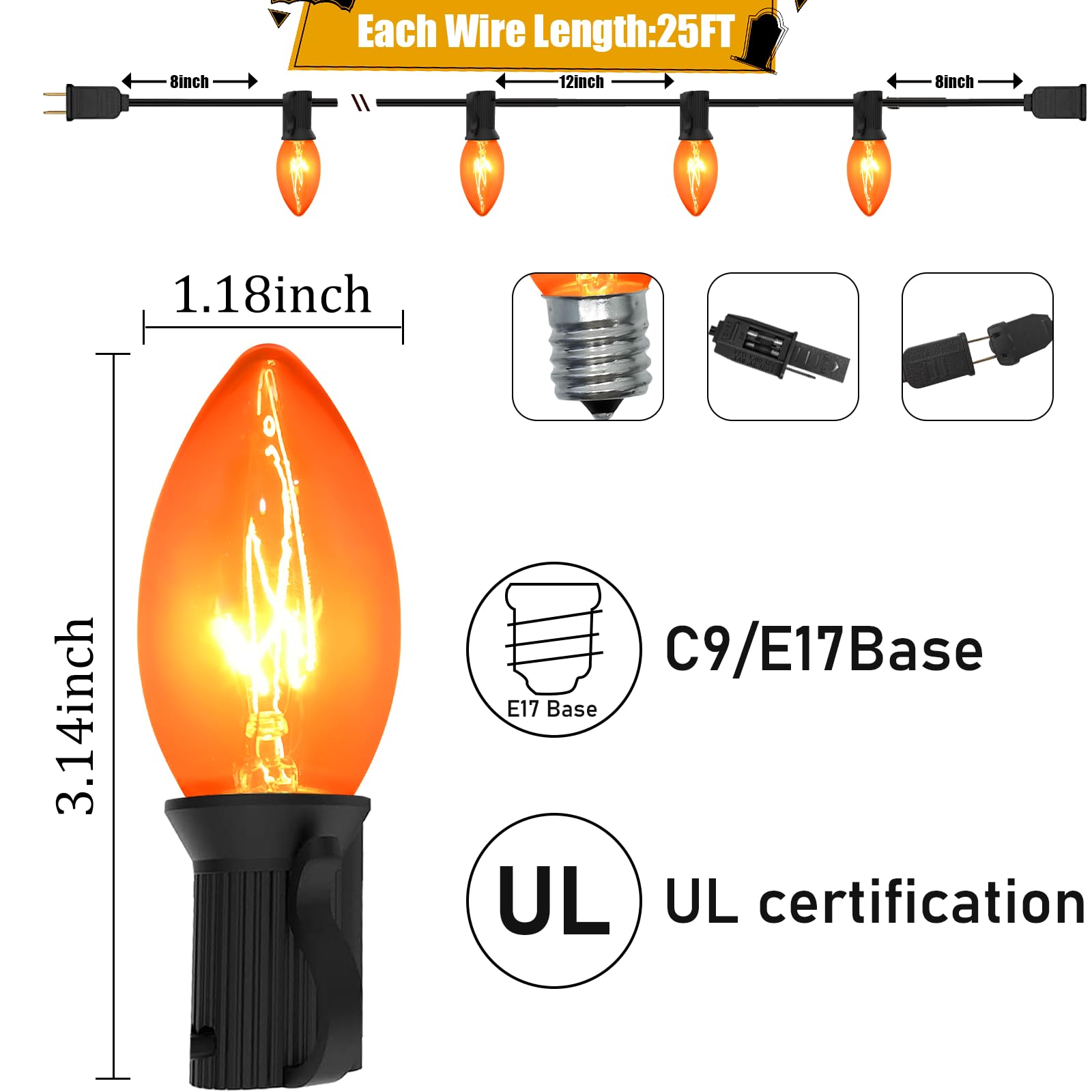 Romasaty C9 String Lights, 25FT Clear Orange Halloween Lights, 27 Bulbs, Glass, Black Wire