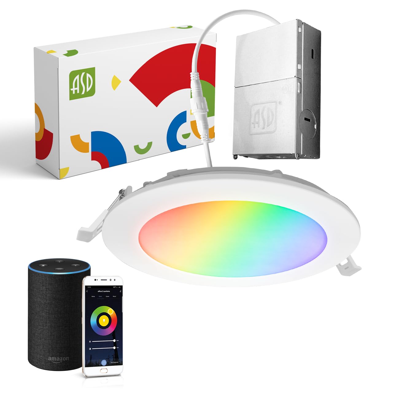 ASD 1 Pack LED Smart Recessed Lighting 6 Inch 15W  RGBW Color Changing Lights  Compatible with Alexa & Google Assistant  Dimmable 2700K-6500K Selectable RGB Lights  WiFi Bluetooth Ceiling Light  ETL