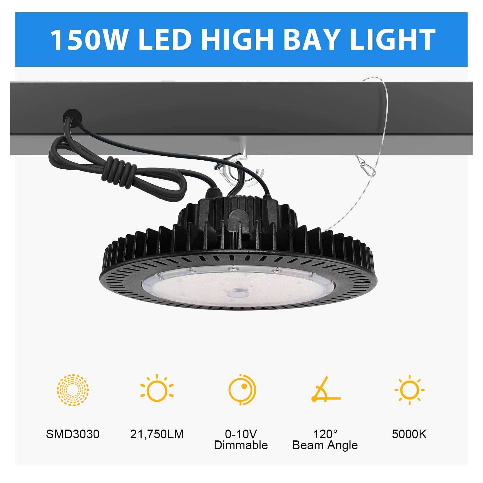 OPENLUX 150W UFO LED High Bay Light 21750LM Dimmable 5000K Flat Black Model CR-IHBUFO-150W-KR UL DLC Approved