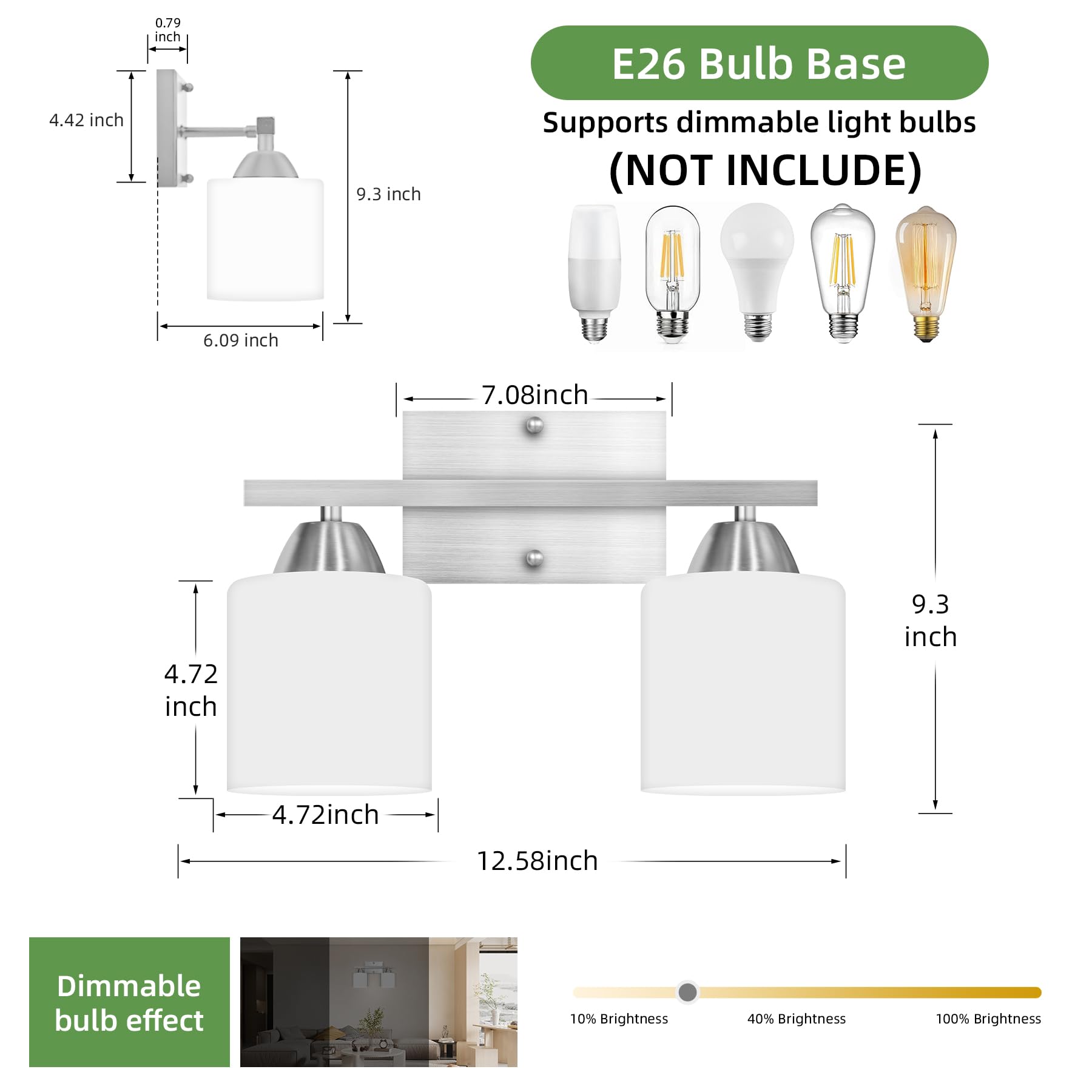 YICALE 2-Light Bathroom Vanity Lights, Brushed Nickel, Milky White Glass Shade, E26 Base, Model ZM-JQD-2L
