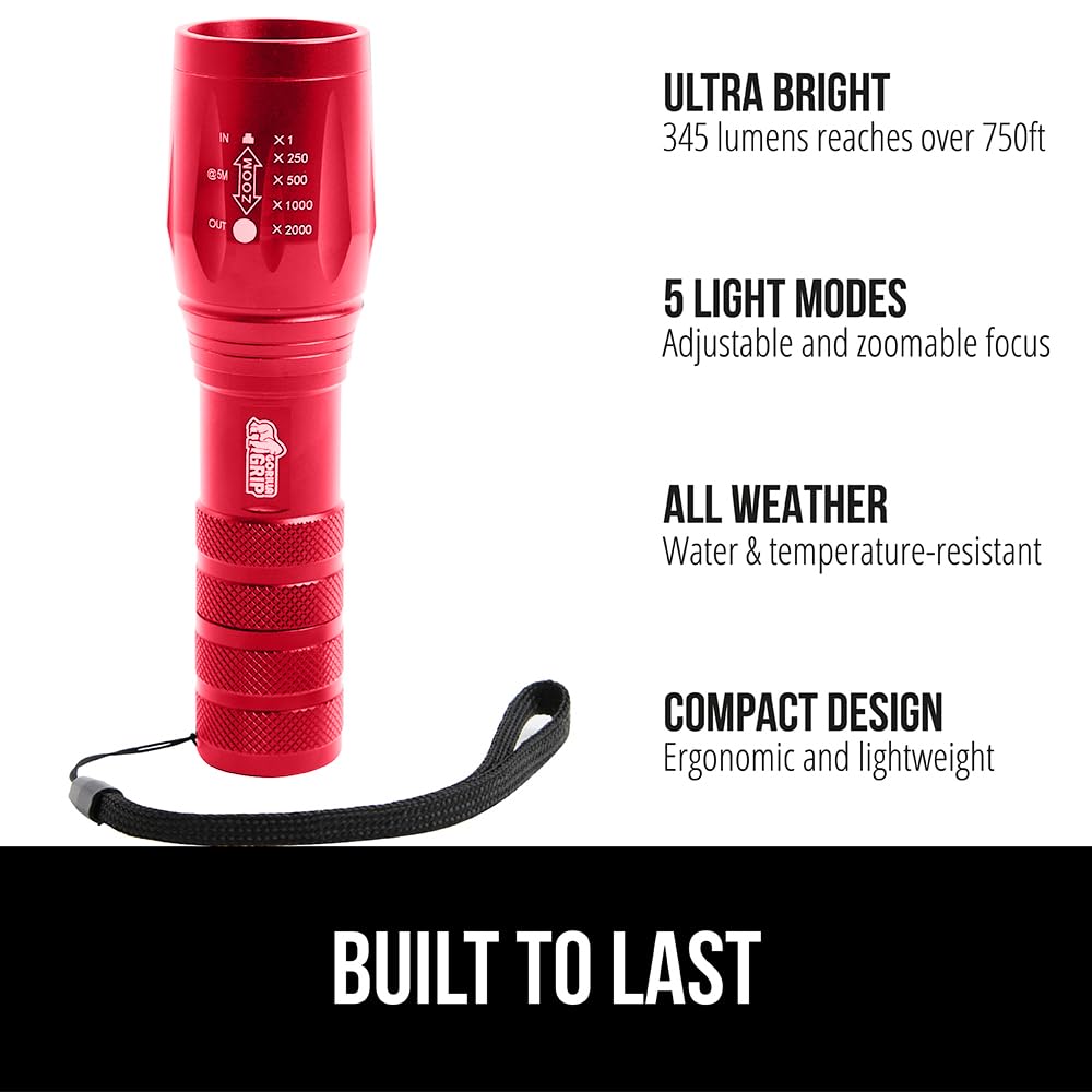 Gorilla Grip LED Tactical Flashlight, 750 FT Zoom, High Lumens, Water Resistant, Red, Model 840029670910