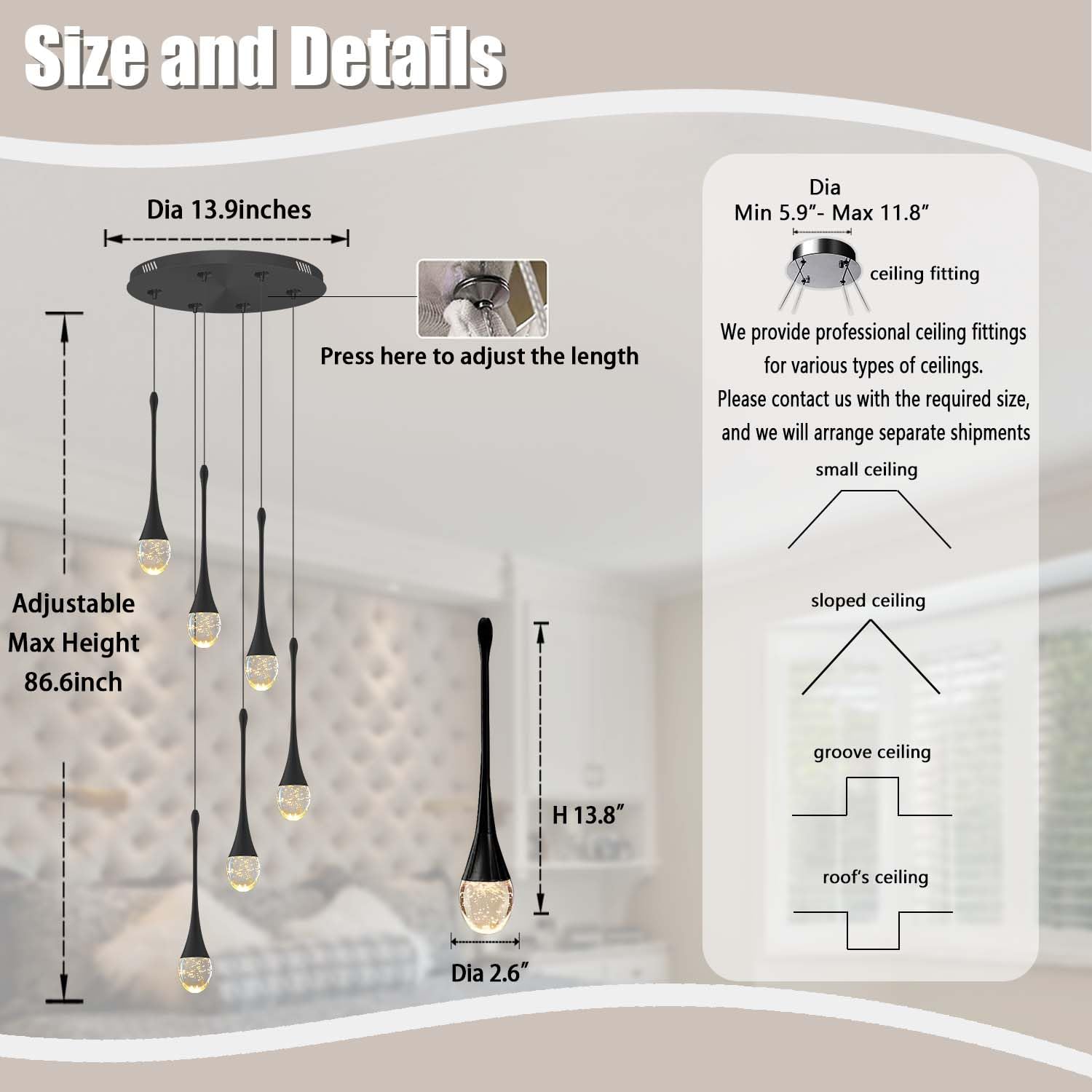 ykolupty 6-Lights Black Crystal Chandelier, Dimmable LED, Model TP0038-6H, Raindrop Design for Dining Room, Loft Ceiling Lighting