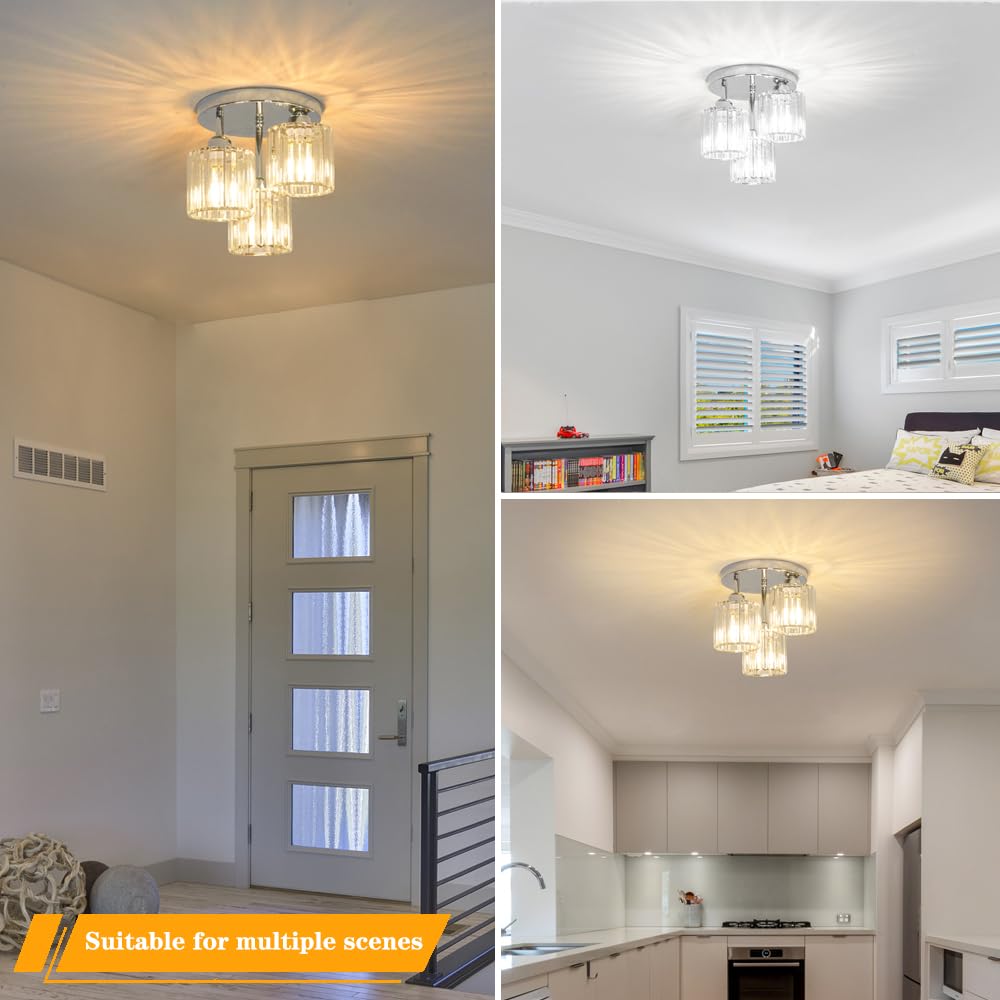 Lxybcce Crystal Ceiling Light Fixture, Chrome Semi Flush Mount Ceiling Light Fixture, 3-Light Hallway Light Fixtures Ceiling Wit