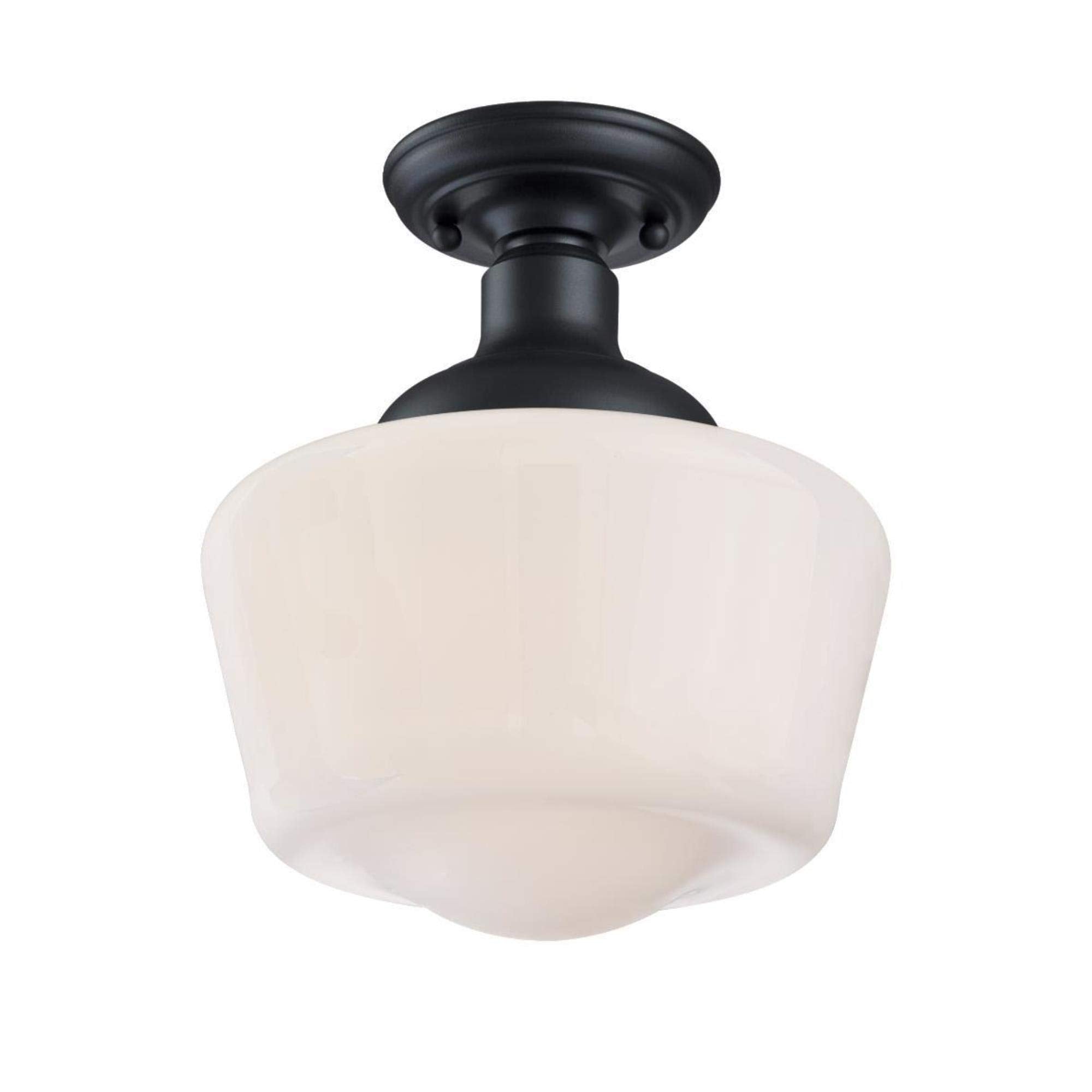 Westinghouse Scholar 9-Inch Vintage One-Light Semi-Flush Mount Ceiling Light Fixture, Textured Black Finish, White Opal Glass, Model 6578300