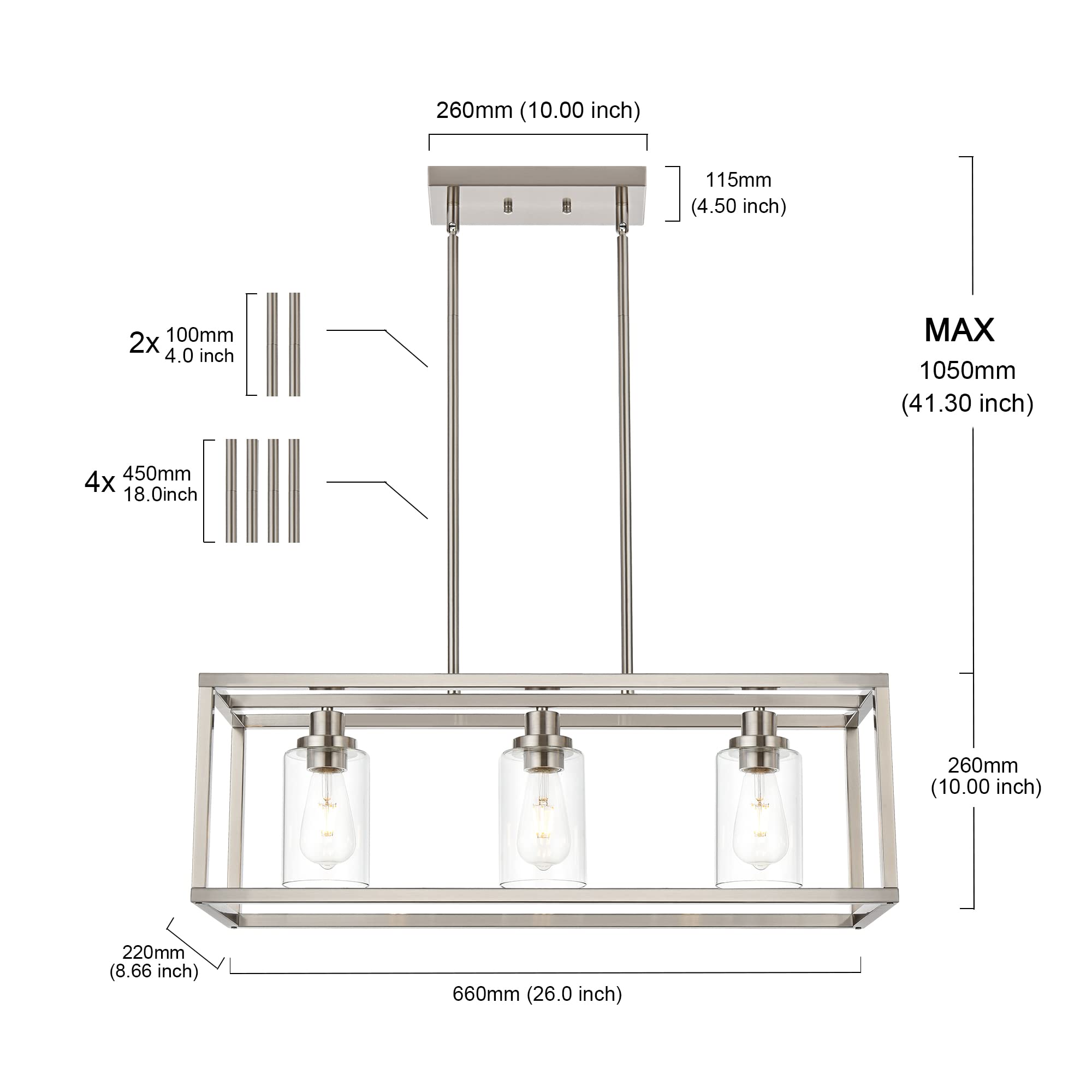 MELUCEE Rectangle Chandelier 3-Light Brushed Nickel Glass 26 inches for Dining Room, Kitchen Island, Hallway, Living Room