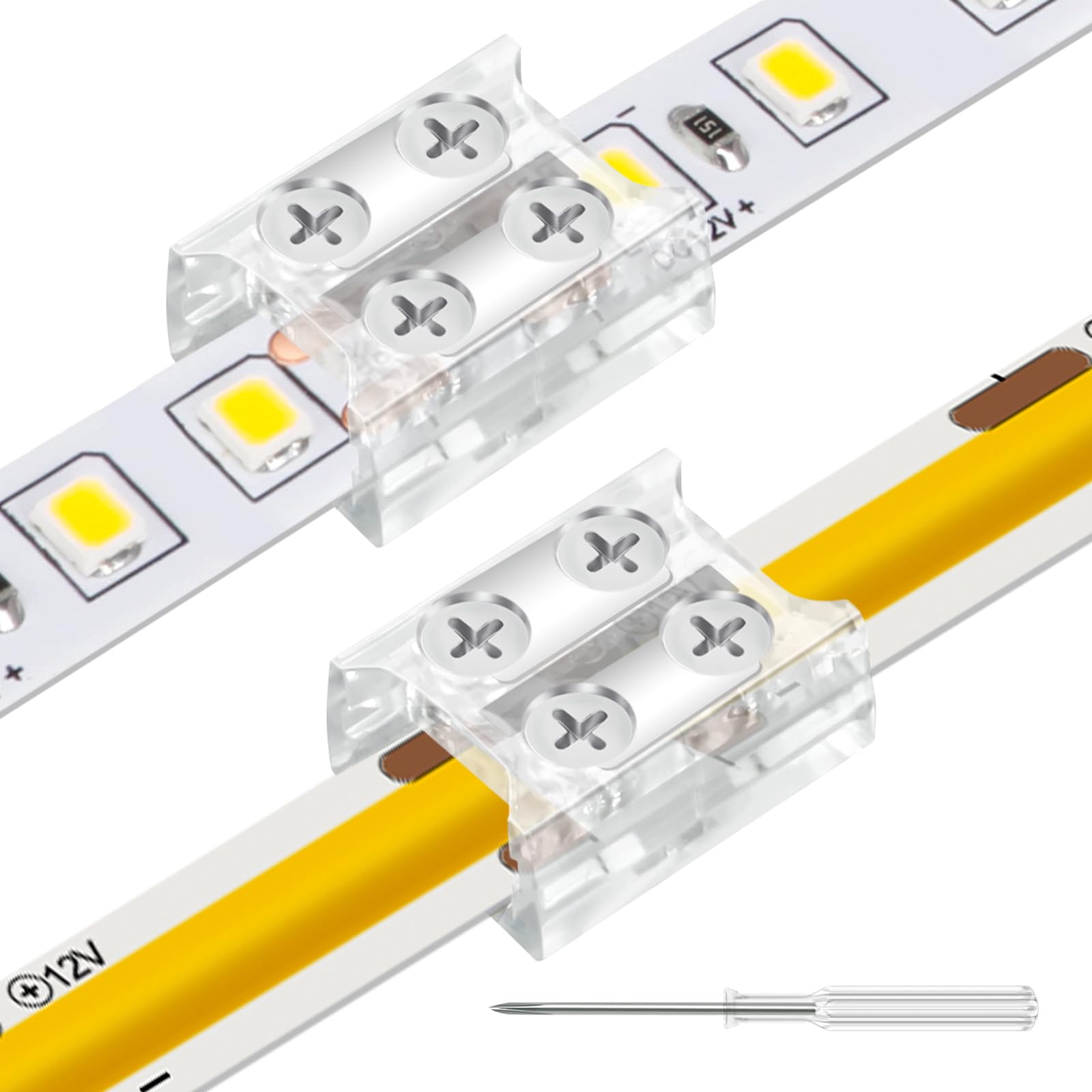 SVIANG 12 Pack 2 Pin 8mm Led Band Connectors  Solderless Transparent LED Tape Lights Connector with Screwdriver  for COB/SMD 5V 12V 24V 36V Single Color LED Band Lights