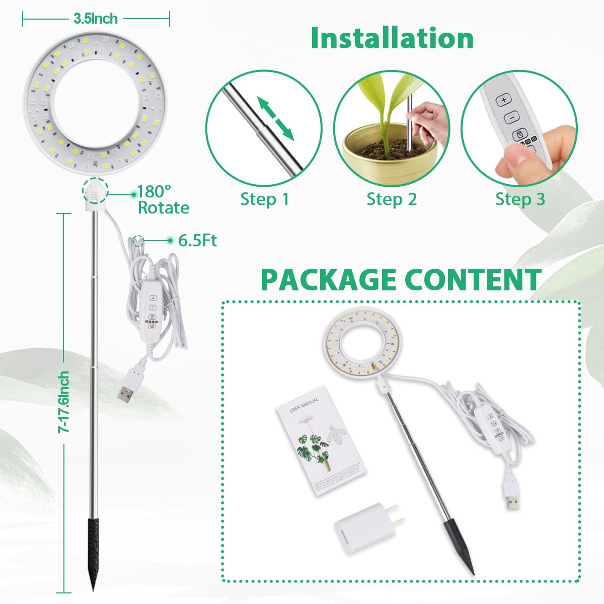 GYTF Halo Plant Grow Light, 6000K White LED, Full Spectrum, Dimmable, Height Adjustable, 1 Pack, for Indoor Plants