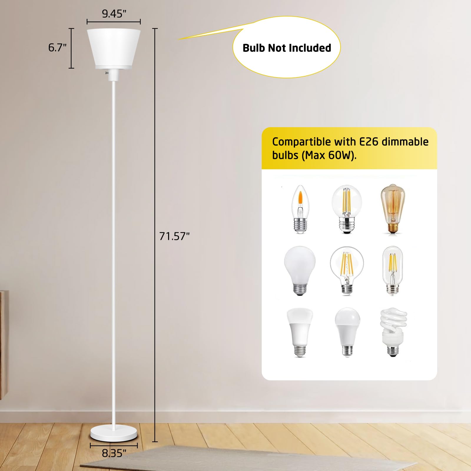 Kukobo Led Floor Lamp For Office, Modern Tall Standing Lamps Floor Lamp For Bedroom Living Room, White Bright Floor Lamp With Pl