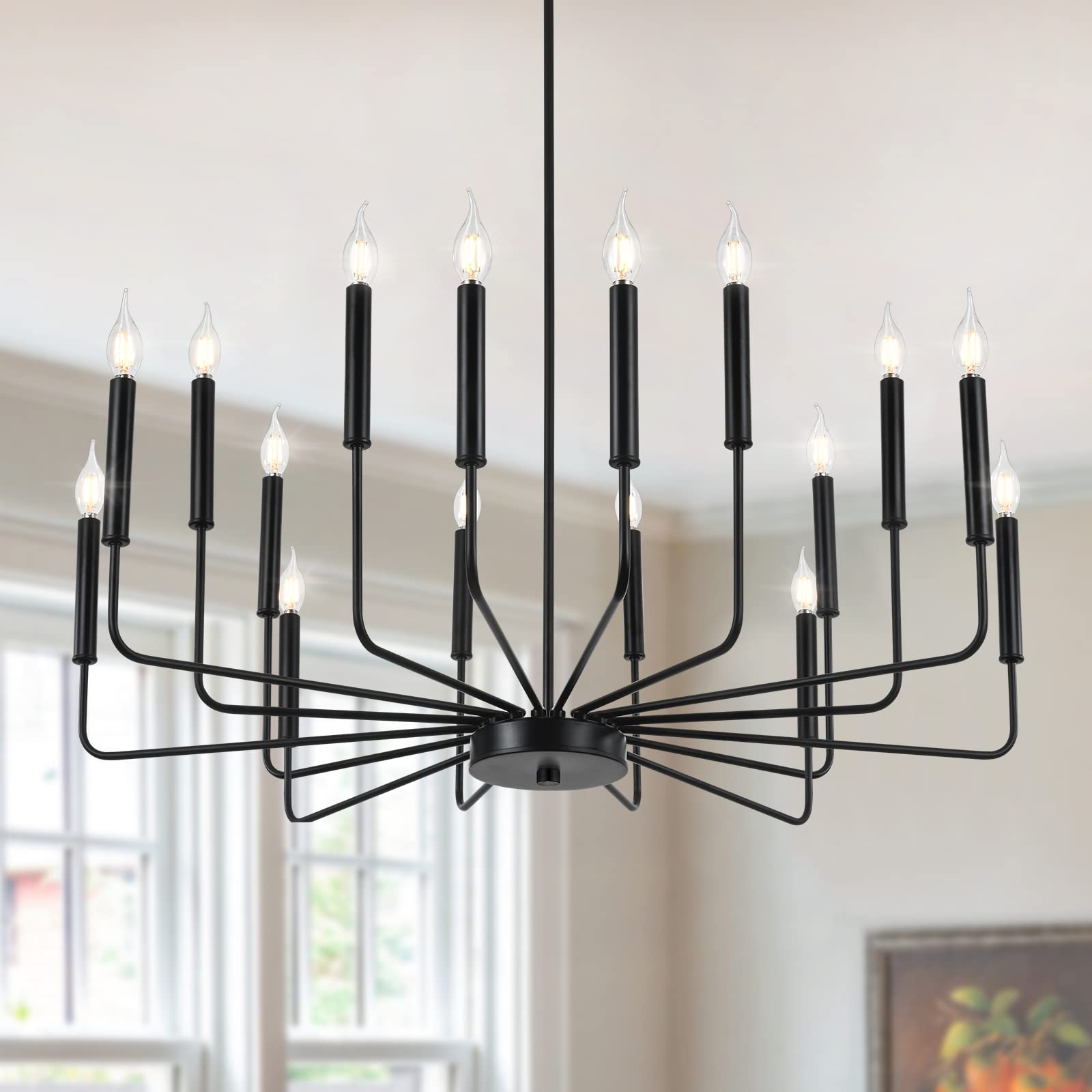 Woknos Modern Black Farmhouse Chandeliers, 16-Light Industrial Metal Chandelier Lighting, Classic Candle Hanging Pendant Light F