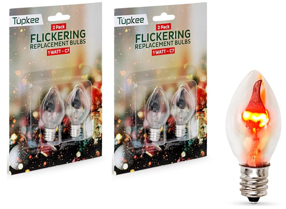 Tupkee C7 Flickering Flame Bulb - 1W Light Bulb W/Orange Glow That Flickers & Dances Up & Down - Replacement For E12 Base Christ