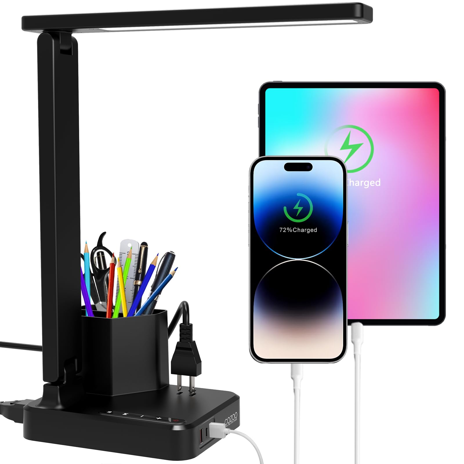 Cozoo Led Desk Lamp With Usb Ports, Ac Outlet, Touch Control, 3 Brightness Levels, Eye Protection