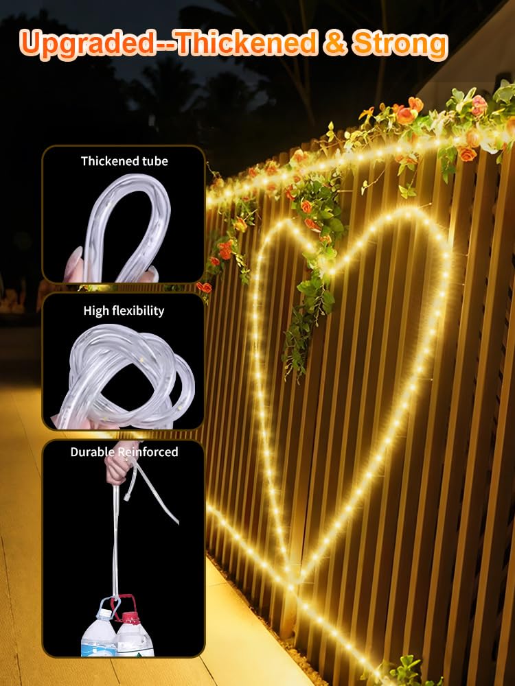 Larger Tube Solar Rope Lights 200Leds Waterproof,Rechargeable Battery,Dual Charging,39Ft Outdoor String Light,Remote-Control,For