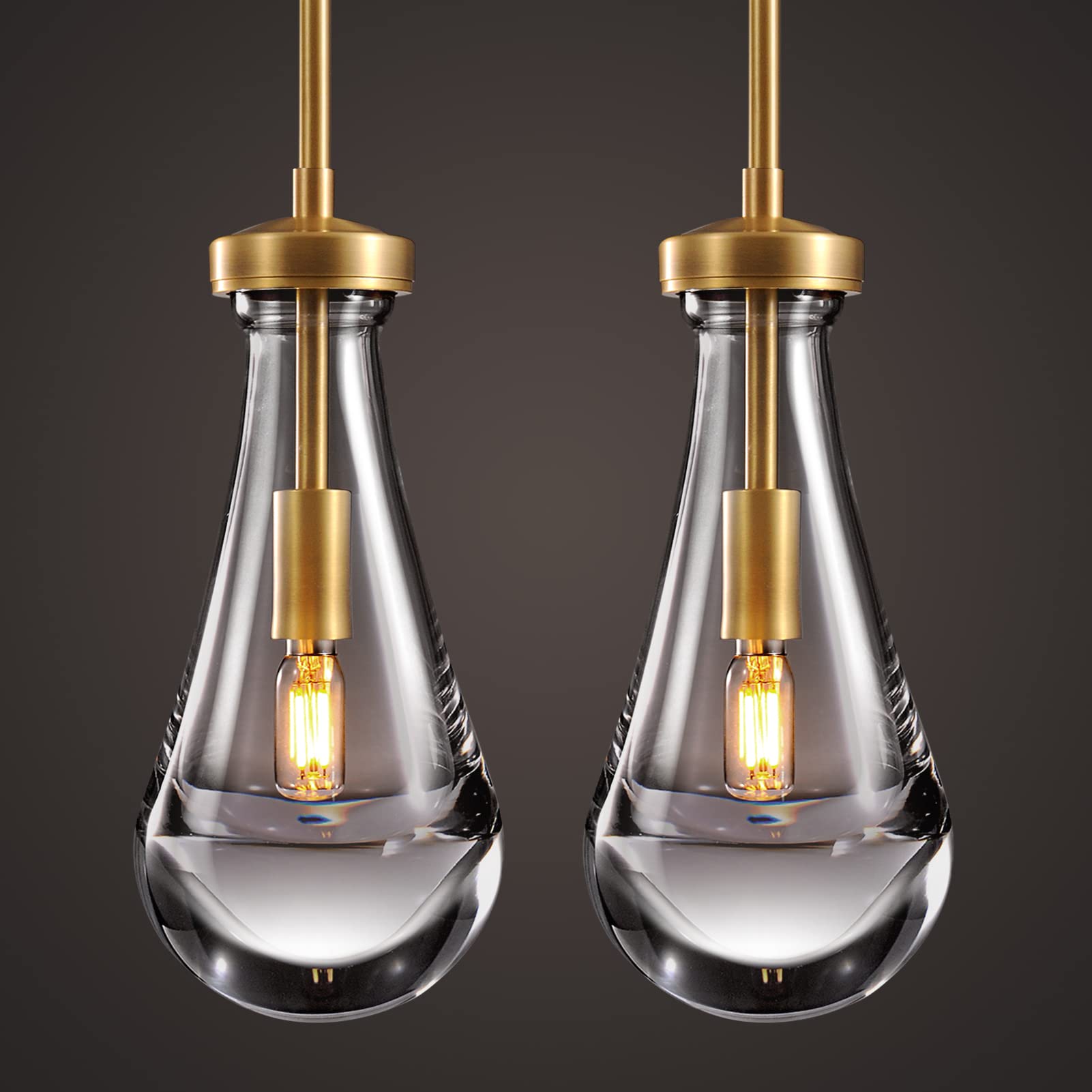 Joyunleo Raindrop Pendant Lights 2 Pack  Pendant Lights for Kitchen Island  Brass Rod Dining Room Light Fixture  Raindrop Chandelier  Pendant Lights for Living Room Hallway  Including Bulb