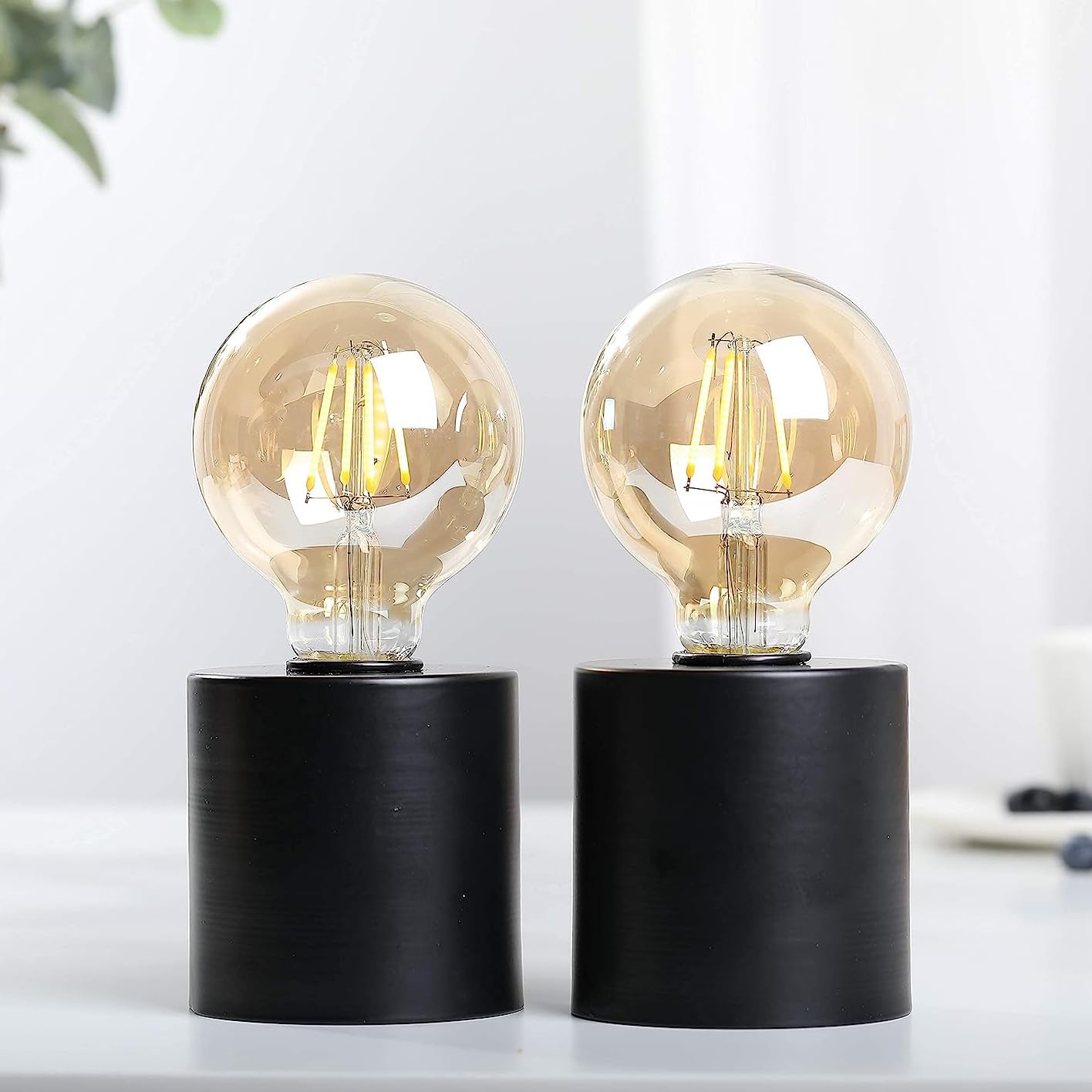 JHY DESIGN Set of 2 Black Table Lamp Battery Powered 7 Tall Cordless Lamp Light with Edison Style Bulb Battery Operated Great fo