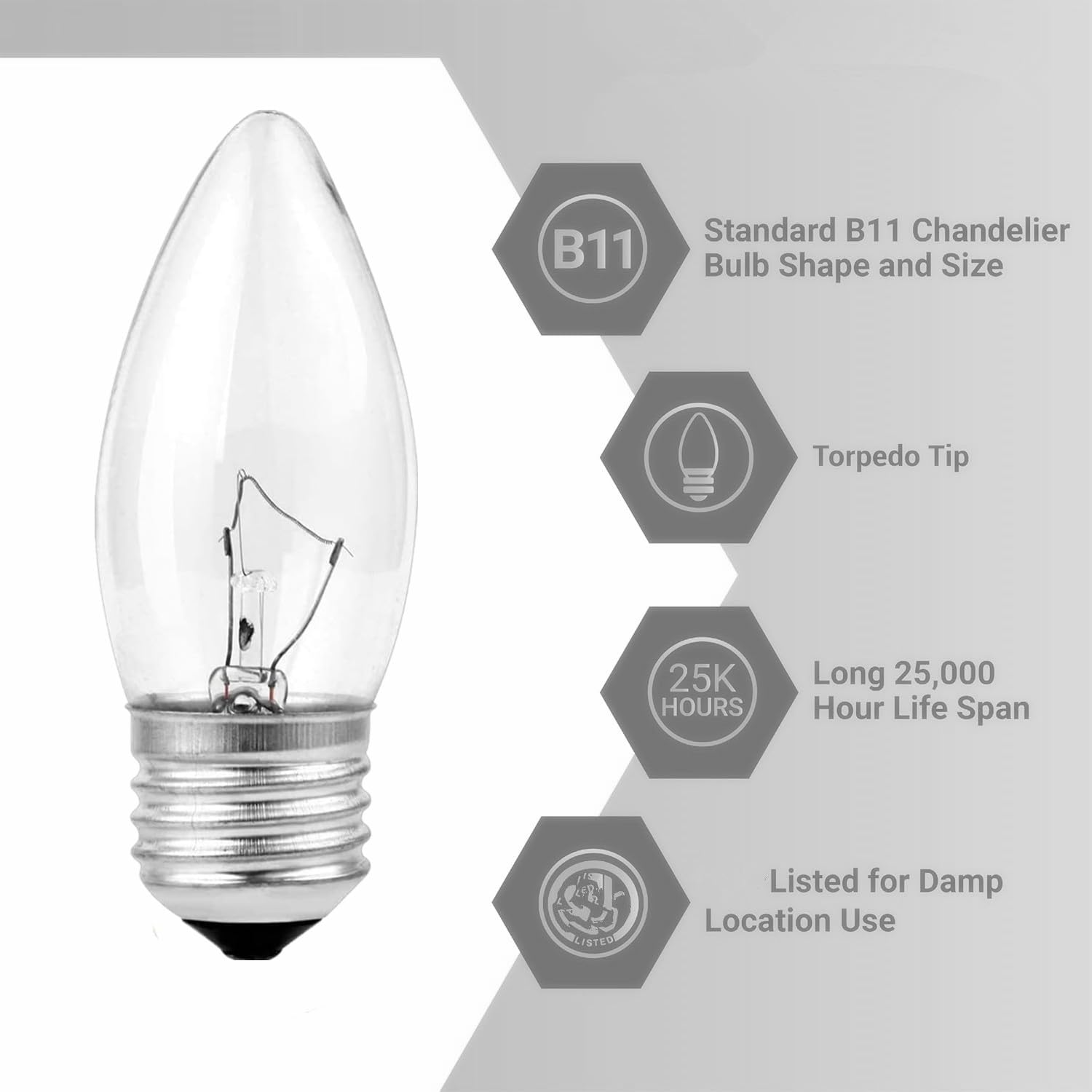 DXMKOP 60W Incandescent Chandelier Bulbs, B11 Torpedo Tip, Clear Glass, Dimmable, E26 Base, 6-Pack
