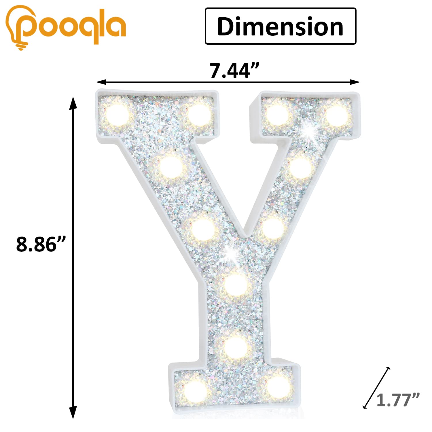 Pooqla LED Marquee Letter Light - Battery Powered Silver Glitter Alphabet Sign for Home Bar, Party, Wedding, Christmas Decoration - Letter Y