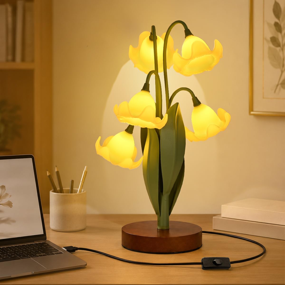 Flower Table Lamp for Bedroom, Cute Reading Light with 5 Yellow Magnolia Flower of The Valley,Desk Lamp Bedside Lamps for Nights