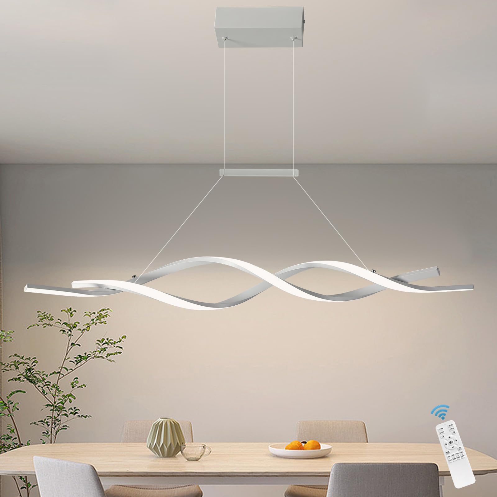 Jaycomey Modern Pendant Light, Dimmable LED Chandelier, Wave Shape, 28W, 3000-6000K, White, Model SFM-19009-100-WJ