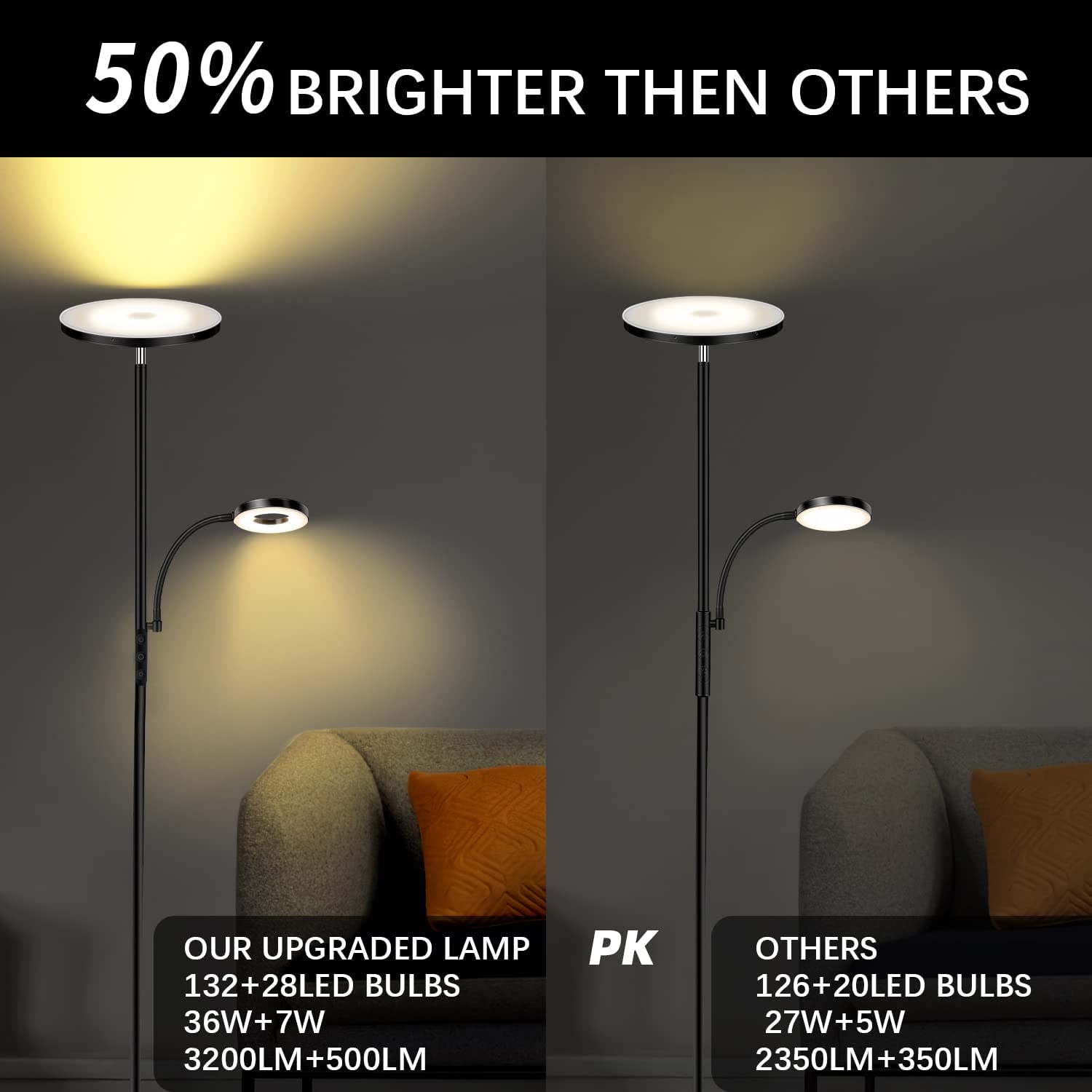 Marctronic Floor Lamp - 42W LED Torchiere with Adjustable Reading Light, Dimmable, Black, Model RM02