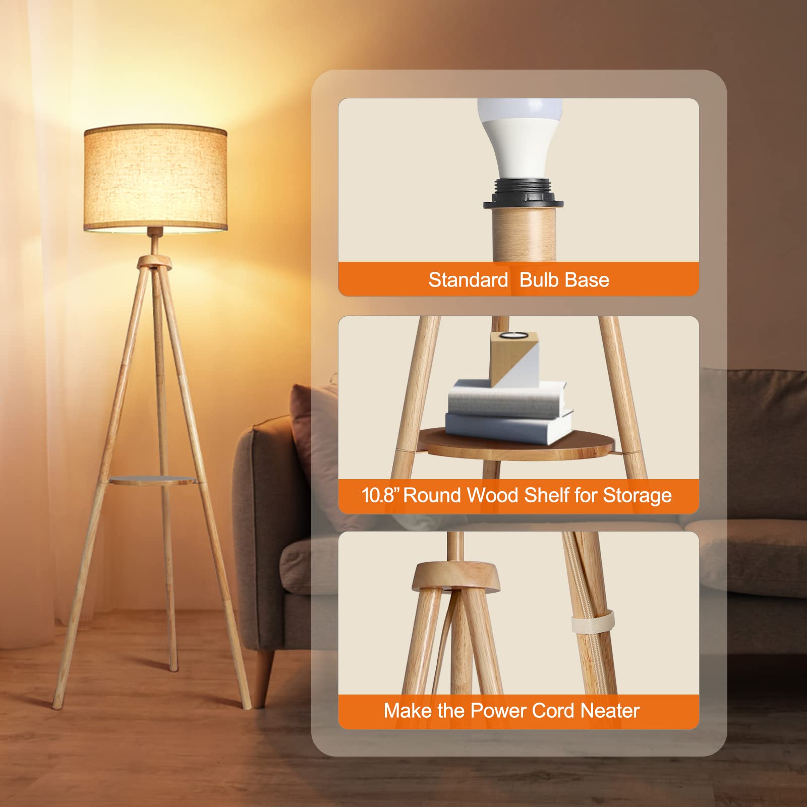 OUTON Wood Tripod Floor Lamp, Mid Century, LED Dimmable, Remote Control, Beige Linen Shade, Model FL09