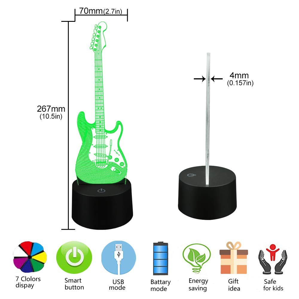 AZIMOM 3D Illusion Lamp Electric Guitar Night Light, Remote Control, 16 Colors, Bedside Decoration for Kids, Multicolor, Model 1