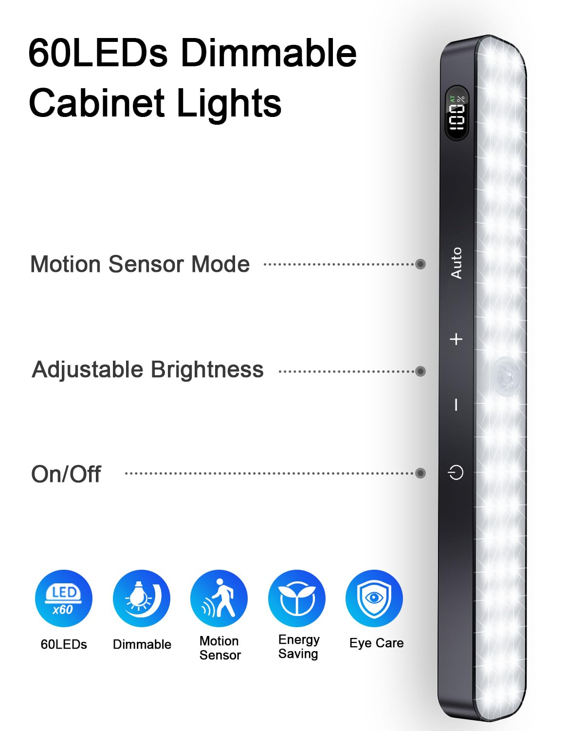 Ferswe Motion Sensor Closet Lights, 60 LED, Dimmable Touch Control, Cool White 6000K, Rechargeable, 4 Pack, Model F-US009