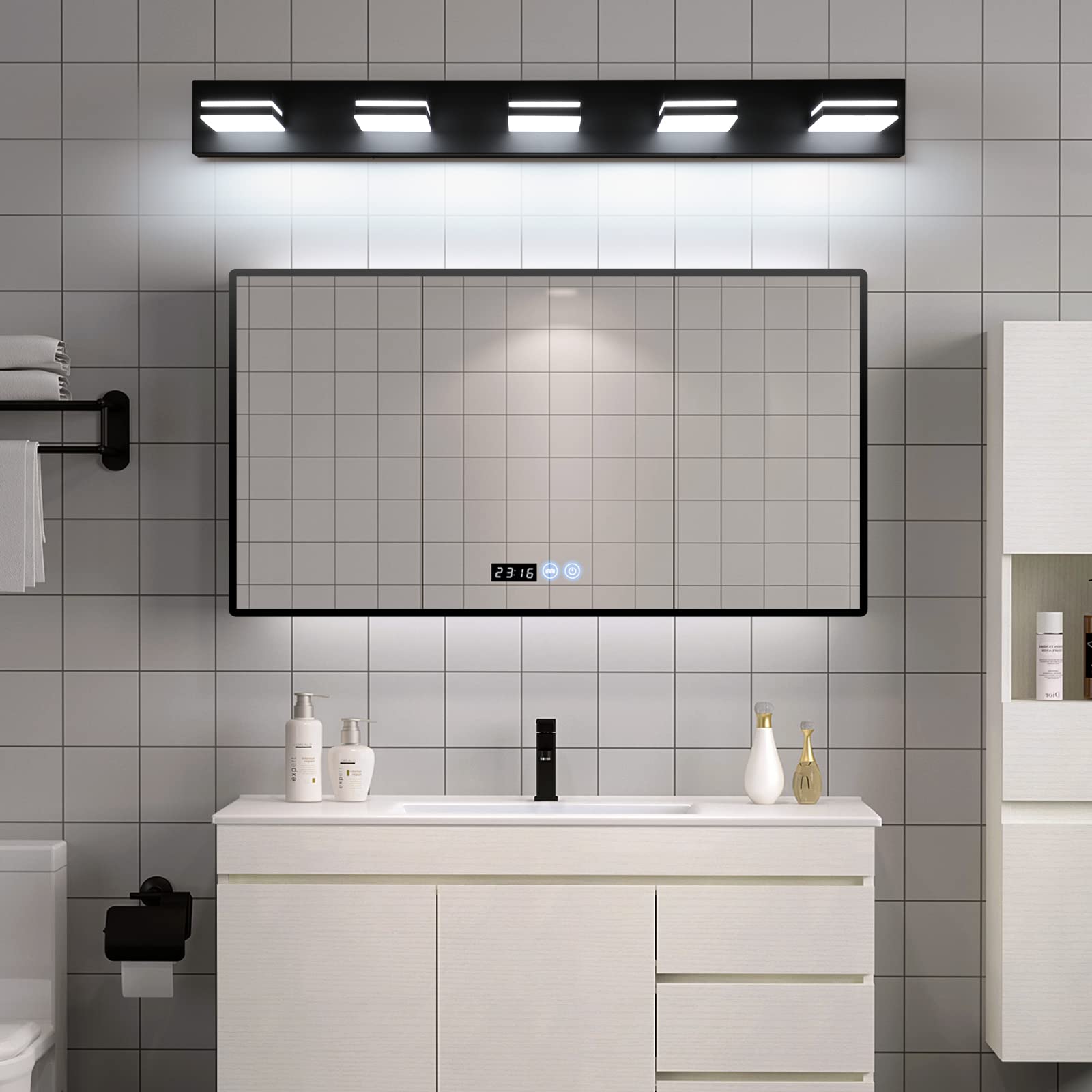 Sinerise Led Modern Bathroom Vanity Light Fixtures (5-Light, 40-Inch, Dimmable), Matte Black Modern Acrylic Bathroom Wall Lighti