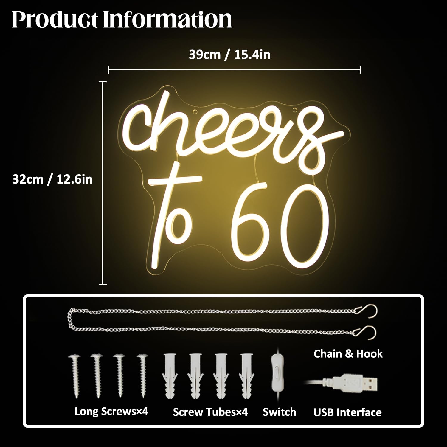 CKTBLEY Cheers to 60 Neon Sign - LED Wall Decor - Warm White - Acrylic - Model CC-Cheers 60 - 60th Birthday Party Decor
