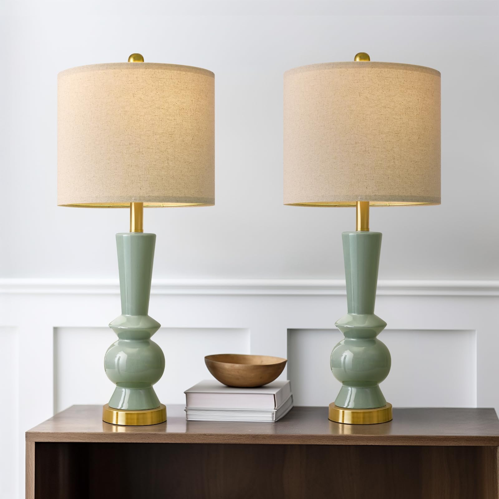 PORTRES 27" Modern Ceramic Table Lamp Set of 2, Green & Gold, Ideal for Living Room, Bedroom Nightstand, Model AMZ-T1216