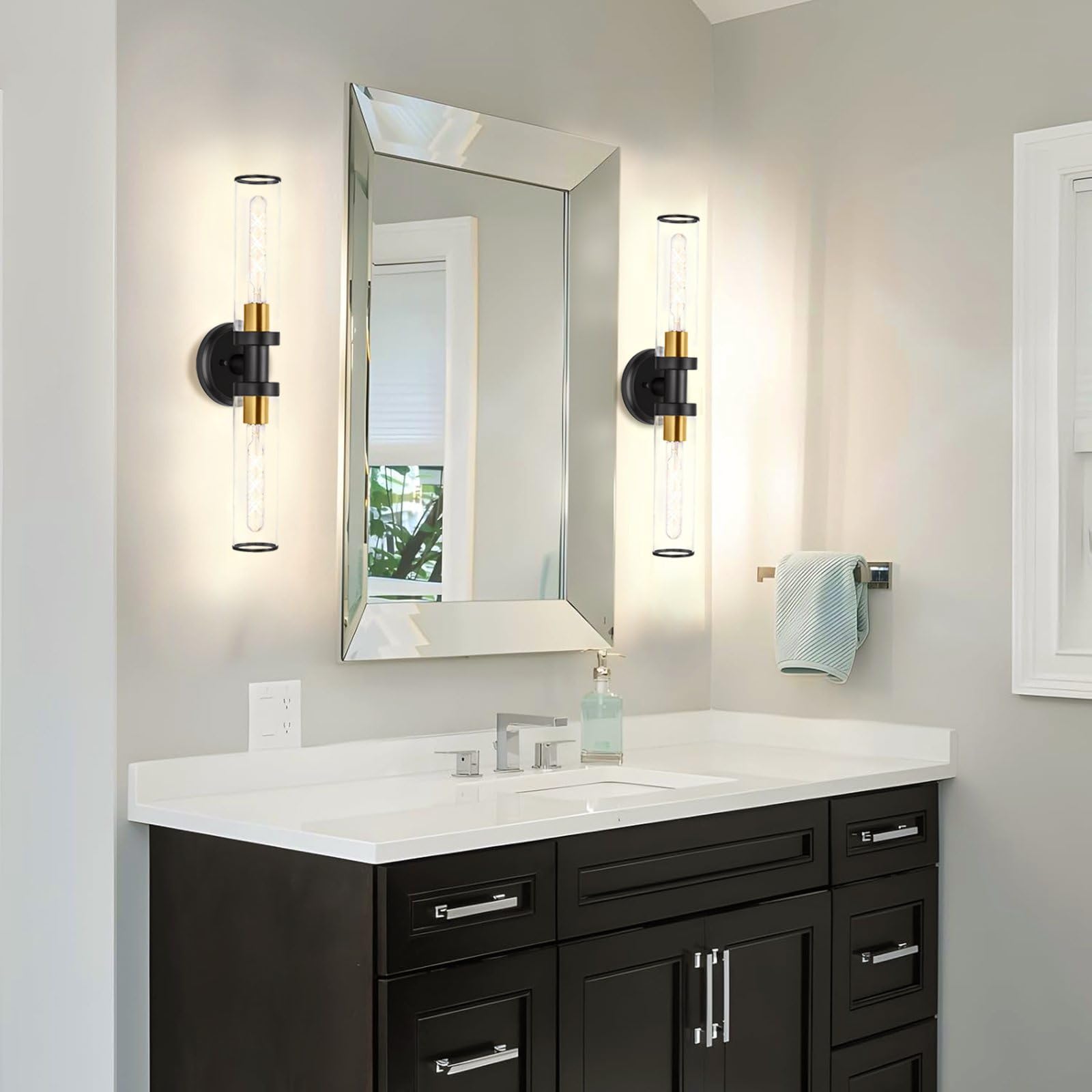 Mecuss Wall Sconces Lighting 2-Light Industrial Vanity 18in Black & Gold Metal Model V01-BK