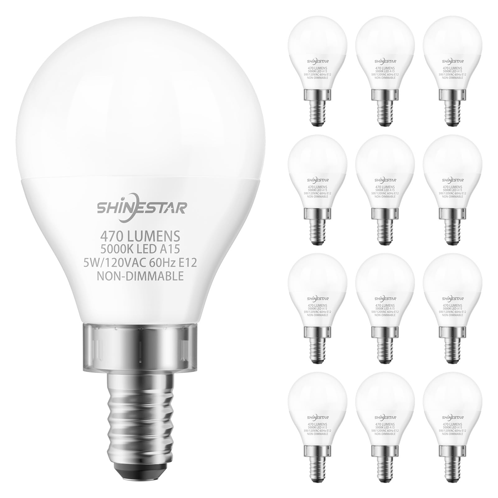 Shinestar 12-Pack E12 Small Base Ceiling Fan Light Bulbs, 40W Equivalent, 5000K Daylight White, A15 Shape Led Candelabra Bulb, N
