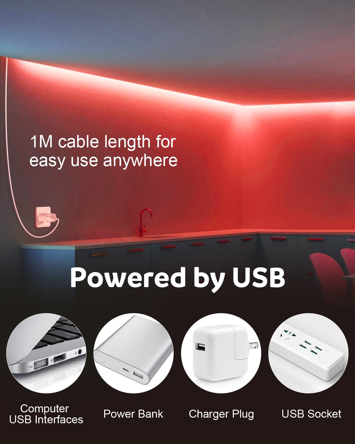 Aclorol Cob Led Strip Light 5V Usb Powered Cob Led Light Red 3.28Ft 320Leds Cri85+ Flexible Led Light Strip 1M For Tv Wall Secre