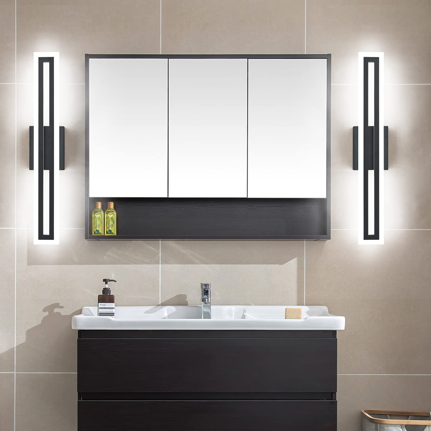 SOLFART 24 Inch Black LED Vanity Light Fixture, Modern Bathroom Lighting, Acrylic, Model S8300-610mm-6000K